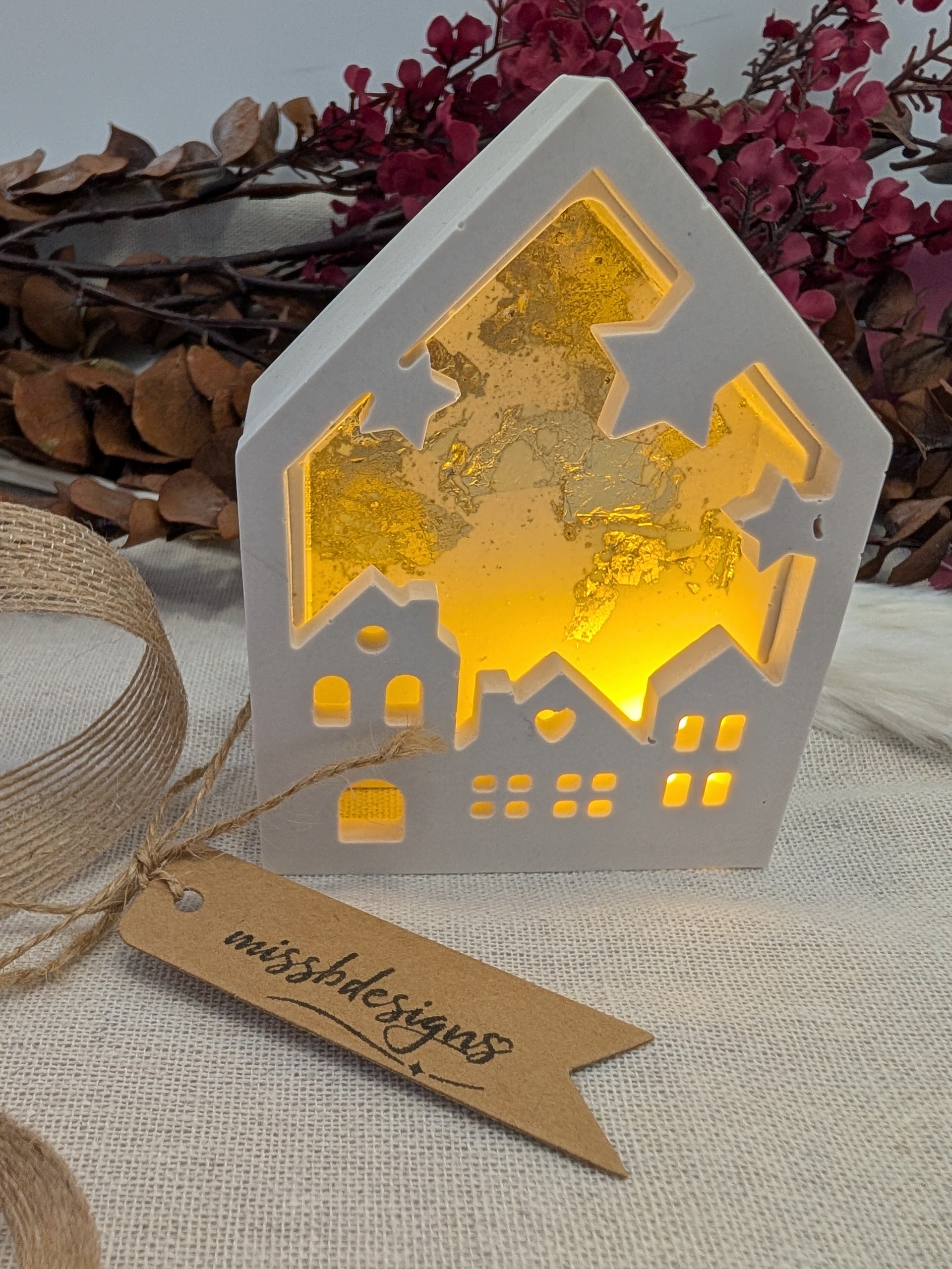 Handcrafted eco resin light up house decoration gold foil christmas ornament
