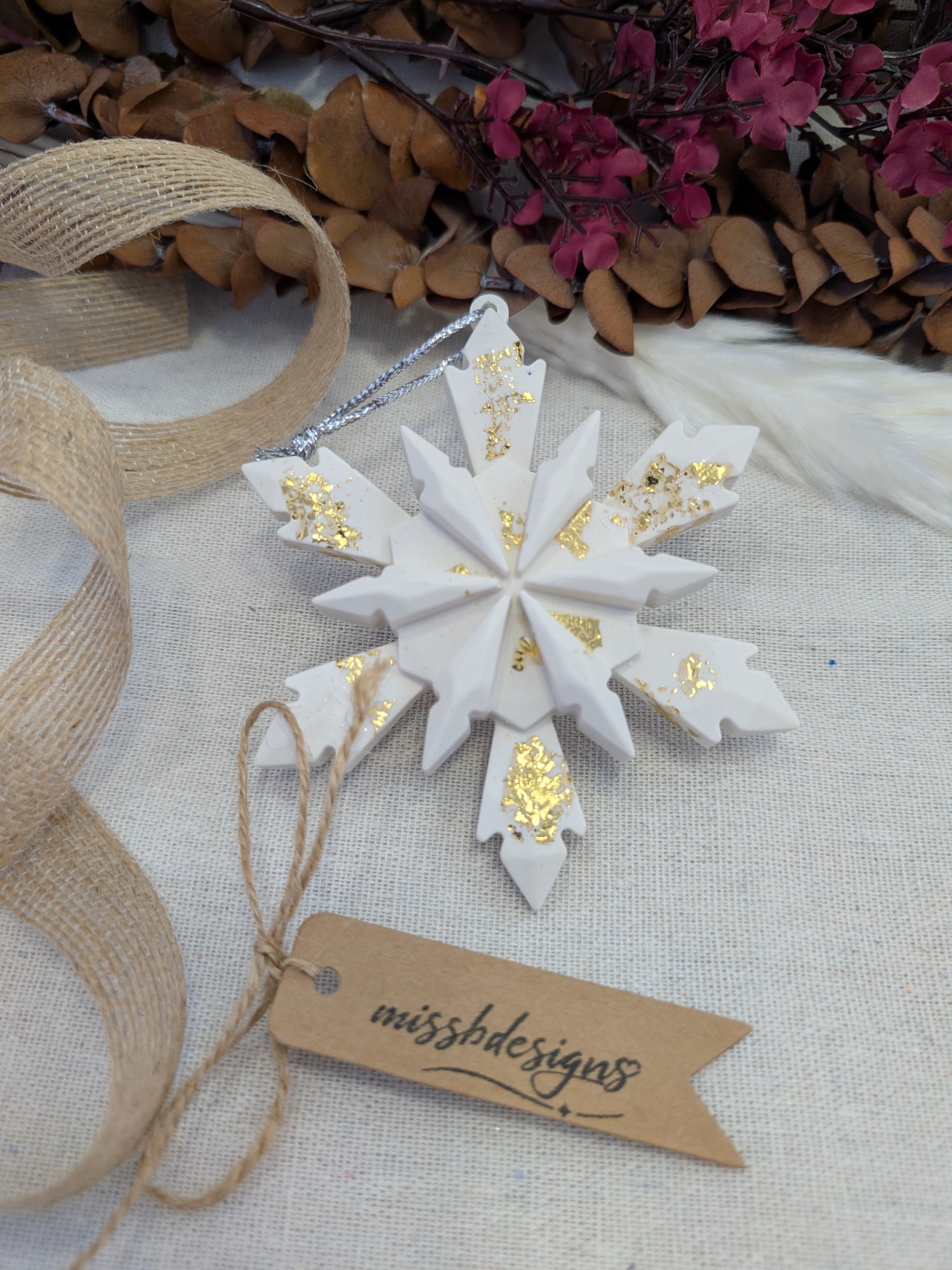 Eco resin gold foil snowflake christmas tree decoration handcrafted jesmonite