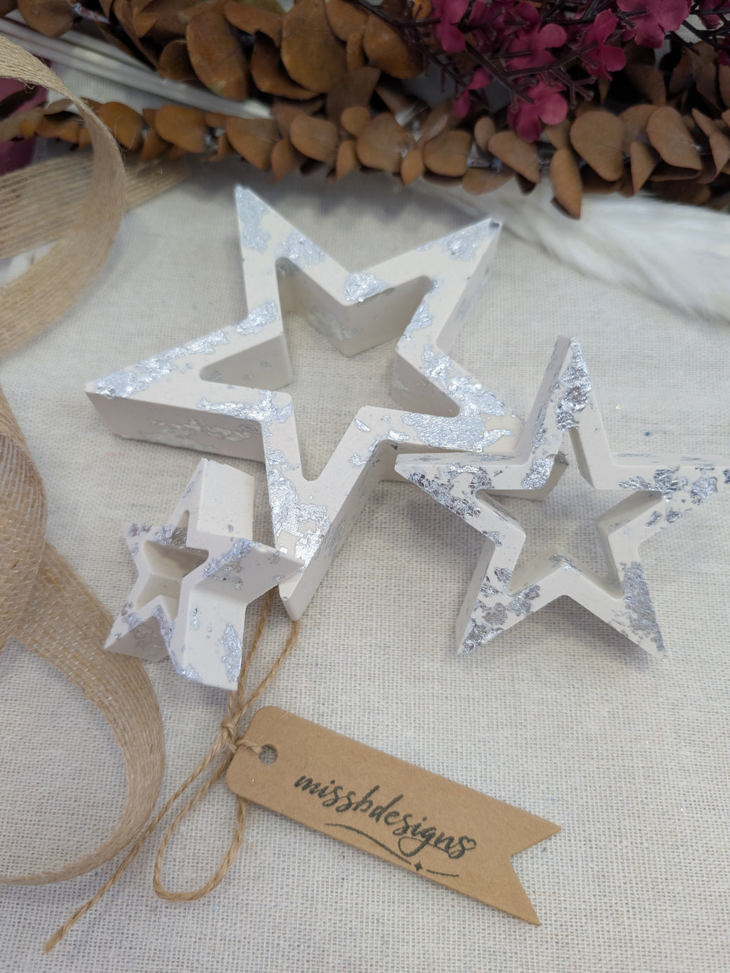 Handcrafted eco resin star decorations silver foil christmas home decorations