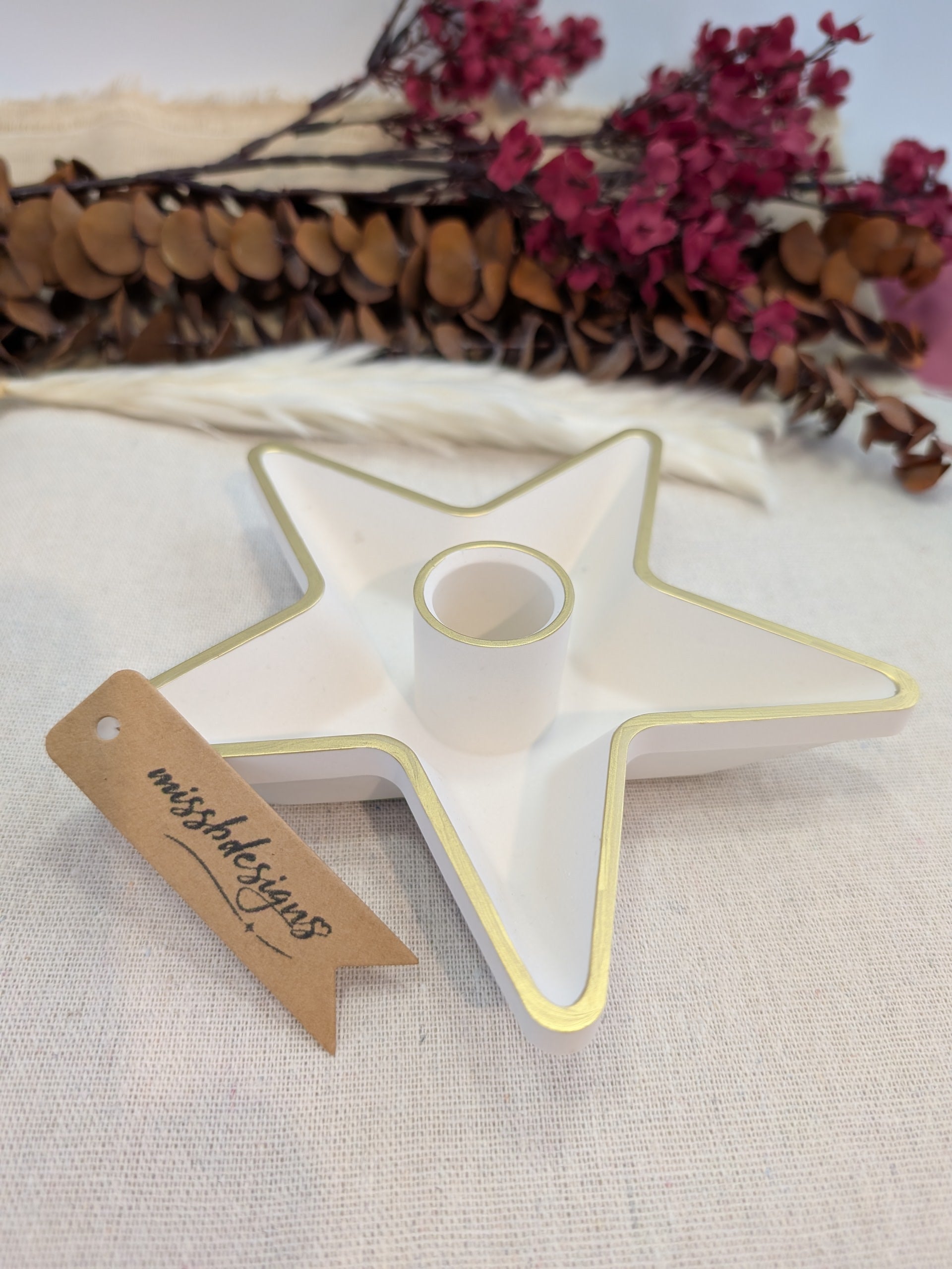 Eco resin handcrafted star shaped candle holder jesmonite home decoration gold trim