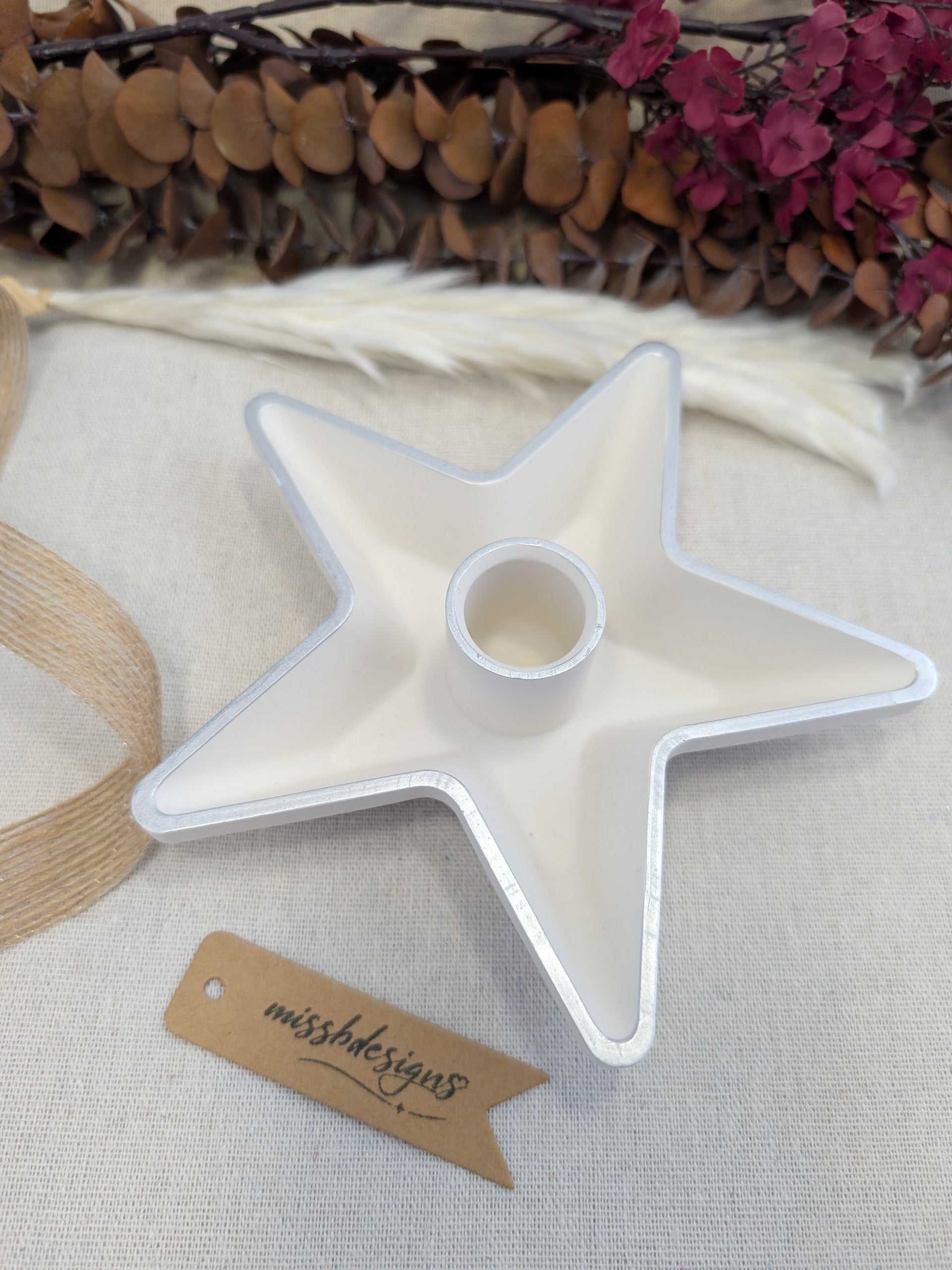 Eco resin handcrafted star shaped candle holder with silver rim jesmonite home decoration