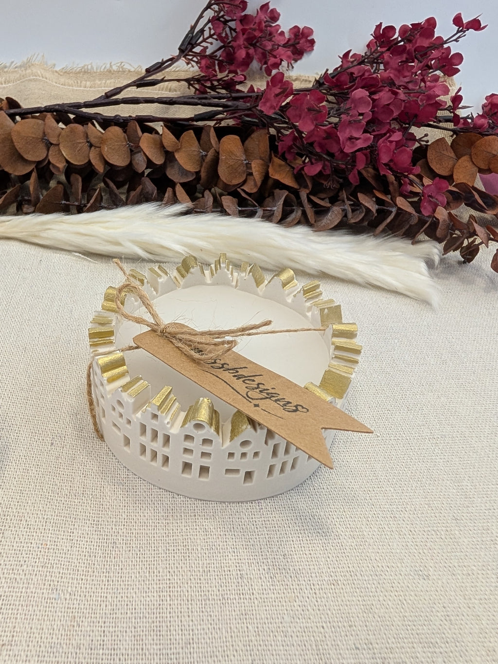 Eco Resin candle holder with soy beeswax candle and gold trim home decoration