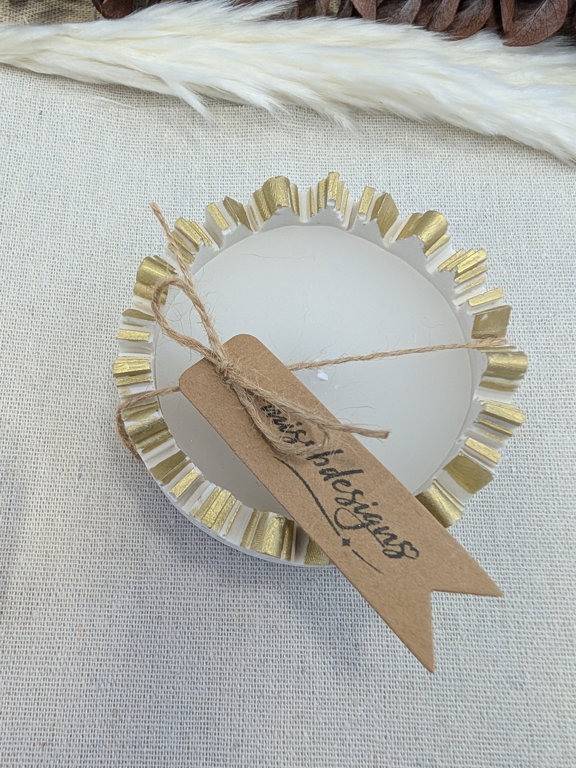 Eco resin jesmonite candle holder with soy beeswax candle and gold trim