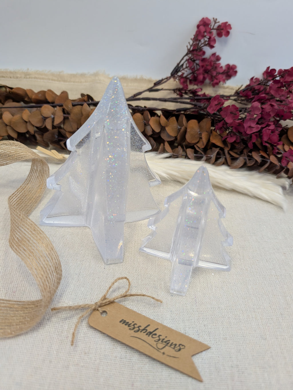 Clear Christmas tree resin decoration with glitter handcrafted