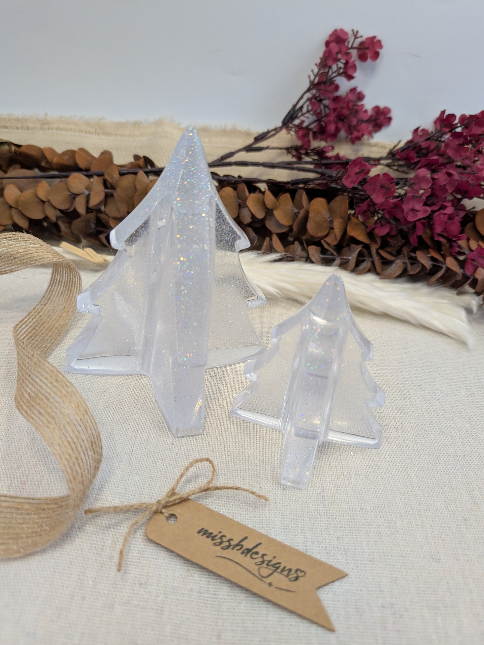 Clear Christmas tree resin decoration with glitter handcrafted