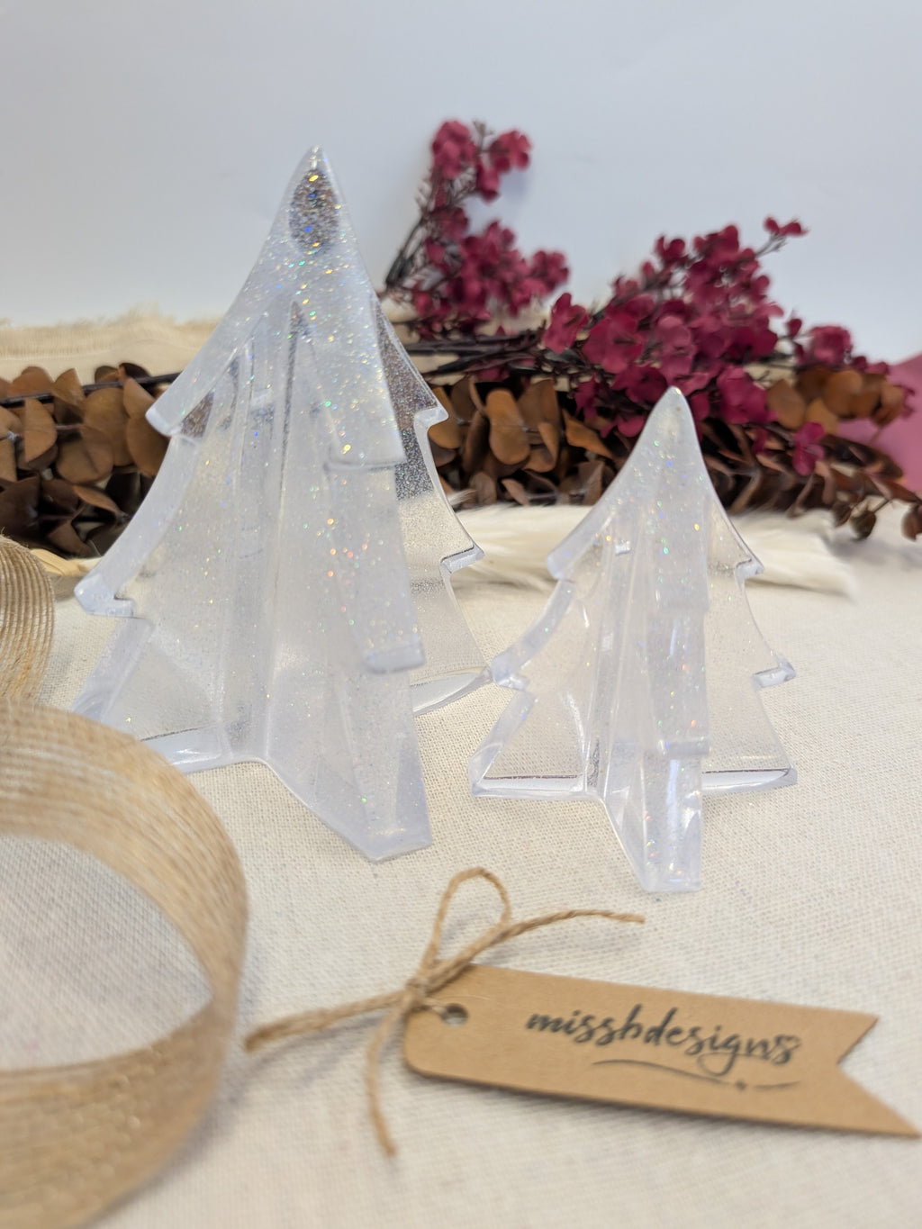 Clear christmas tree resin decoration hand crafted glitter