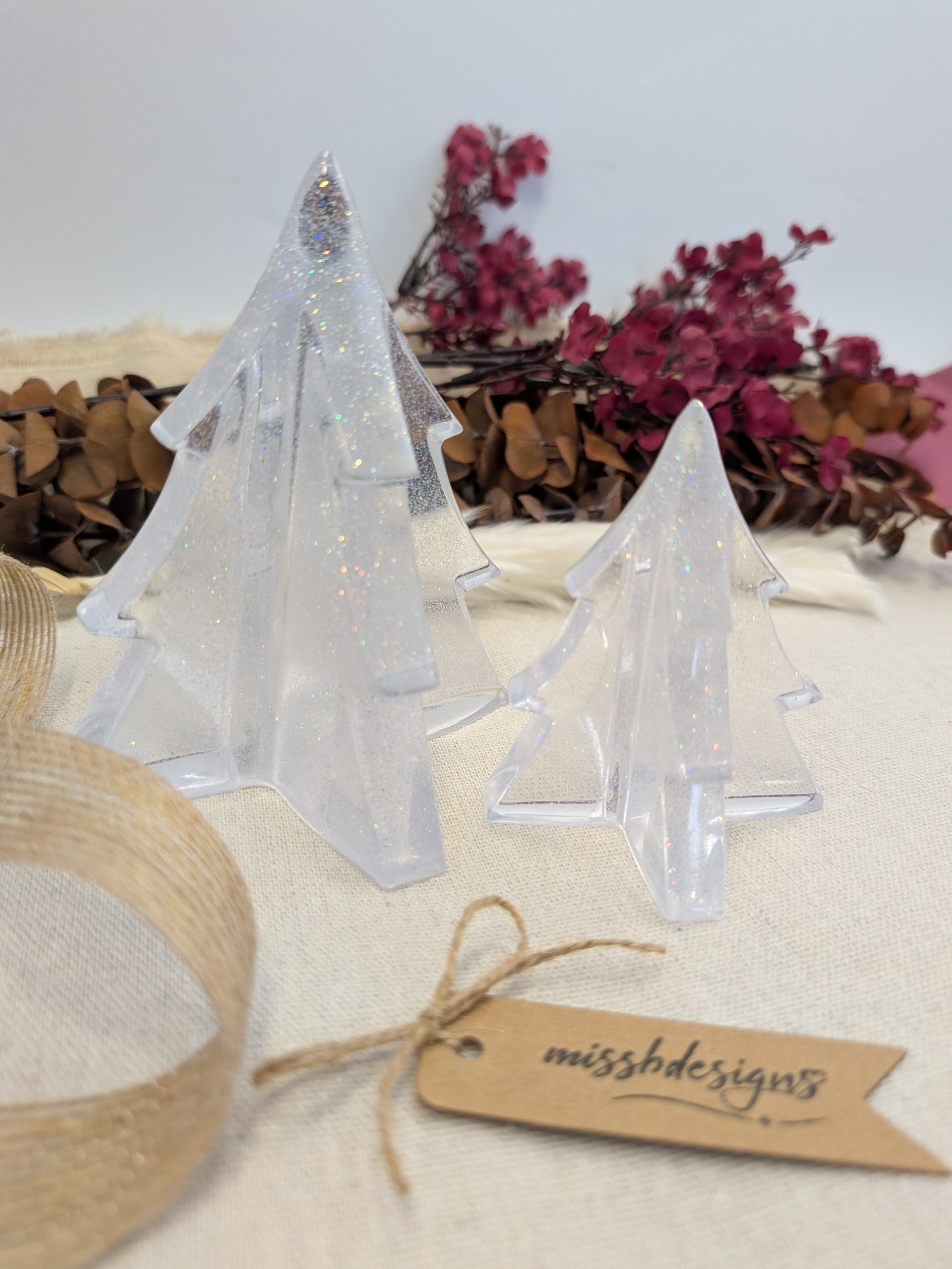 Clear christmas tree resin decoration hand crafted glitter