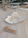 leaf shaped trinket tray made of eco resin jesmonite with a natural beige marble effect handcrafted