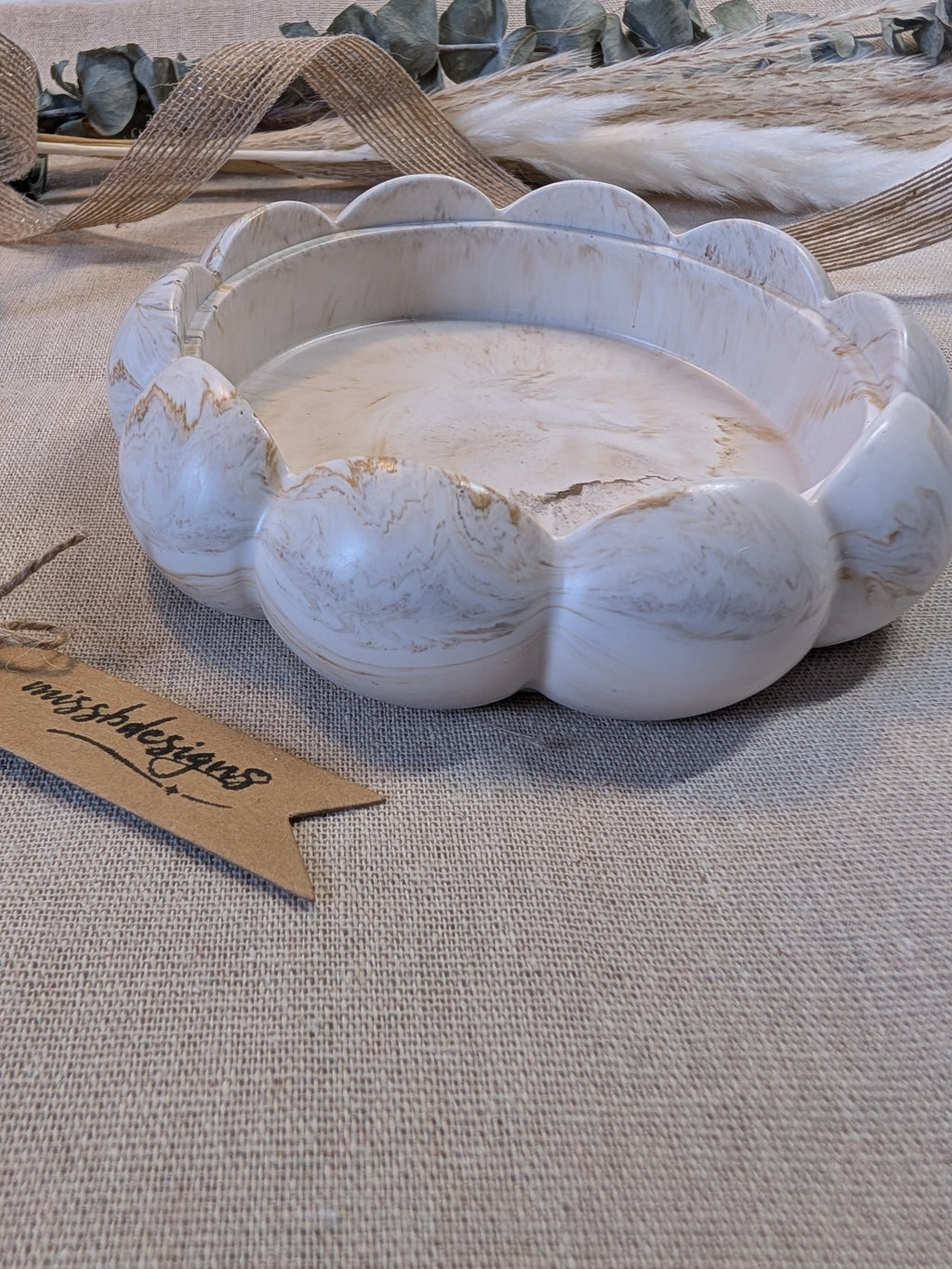home decor flower shaped eco resin natural beige marbled trinket bowl dish jesmonite decor