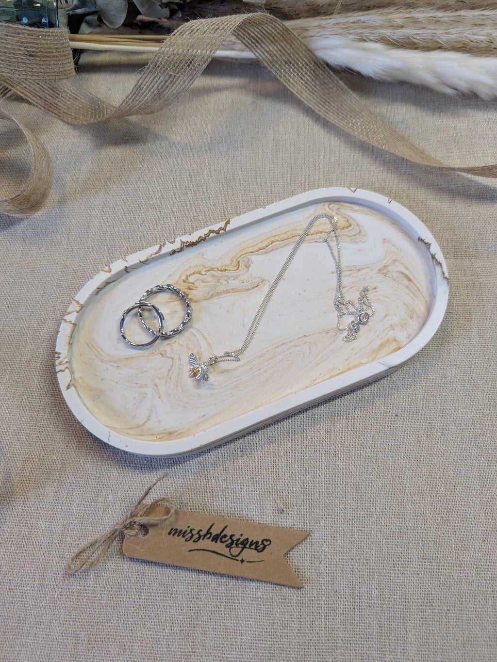 Oval trinket tray in natural beige marbled jesmonite eco resin gift home decor 
