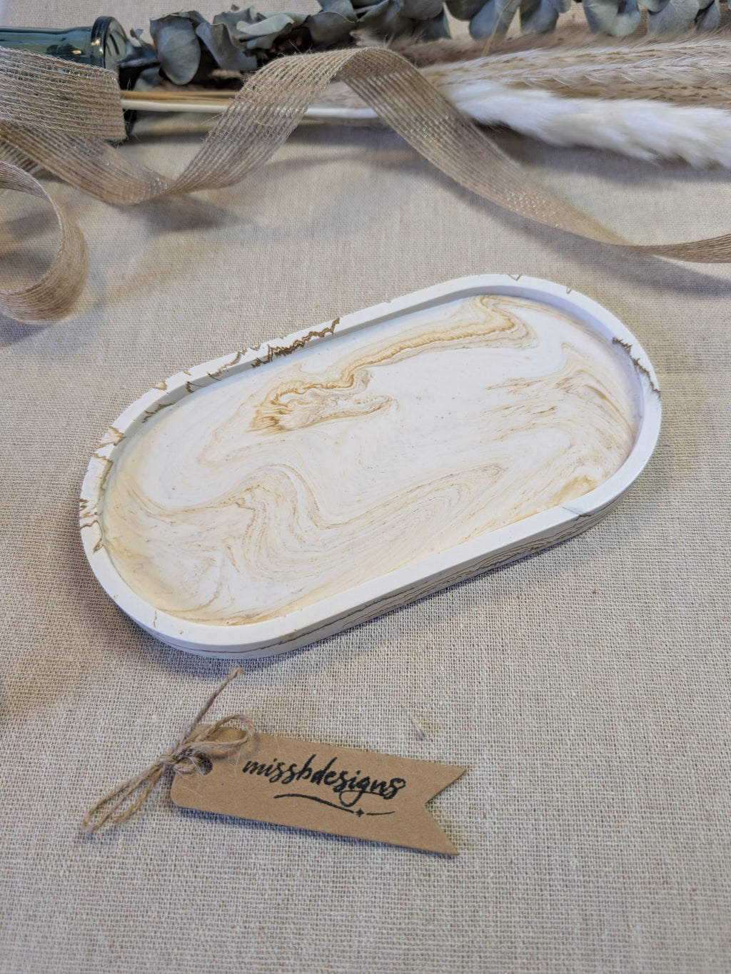 Oval trinket tray in natural beige marbled jesmonite eco resin gift home decor 