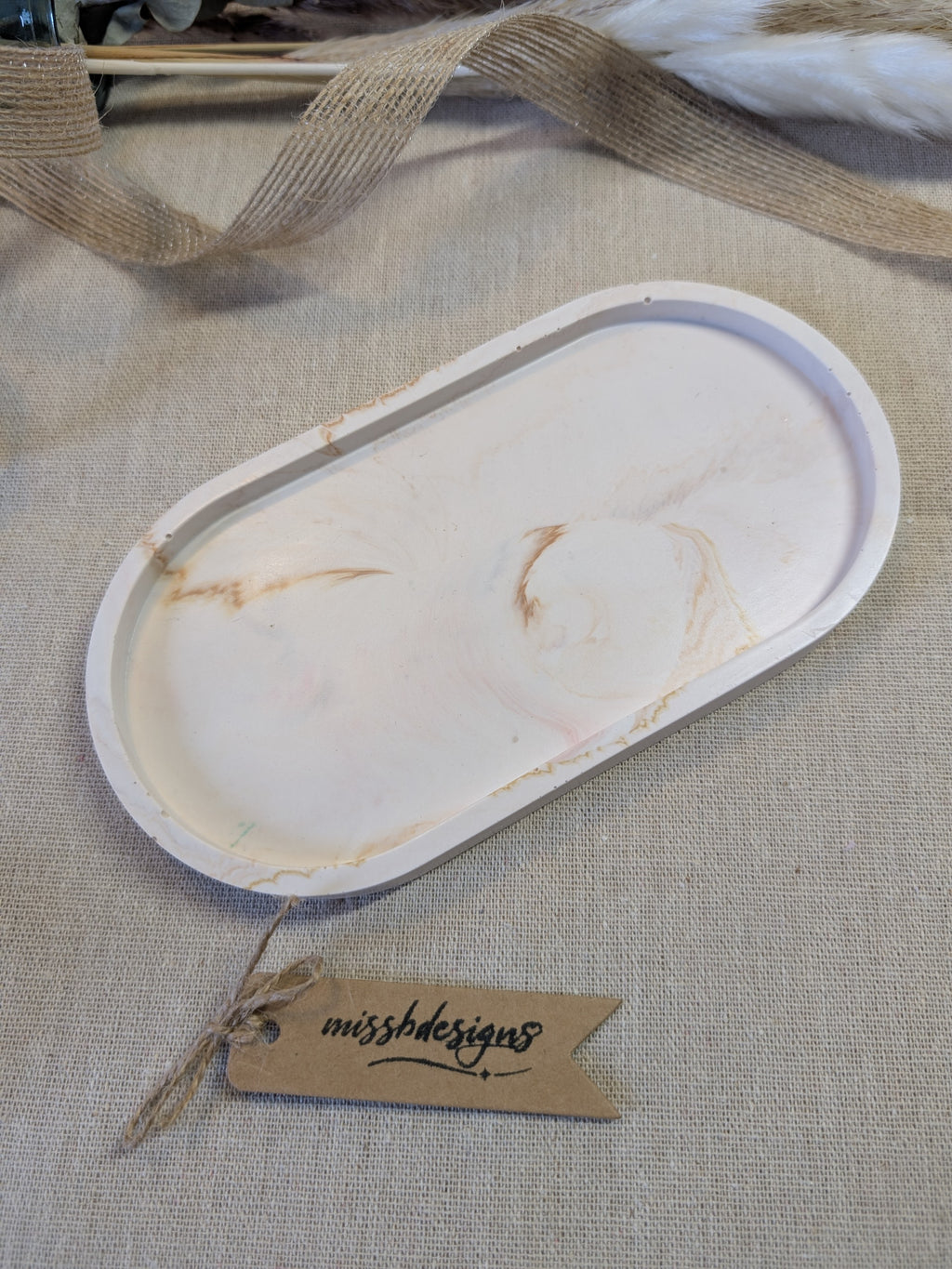 Oval trinket tray in natural beige marbled jesmonite eco resin gift home decor 