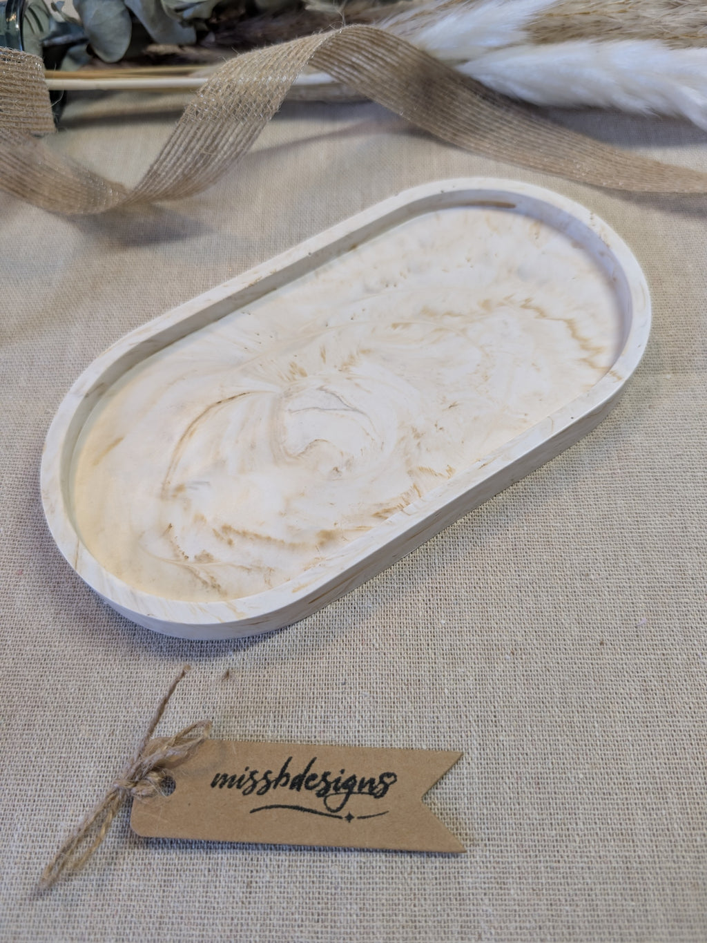 Oval trinket tray in natural beige marbled jesmonite eco resin gift home decor 