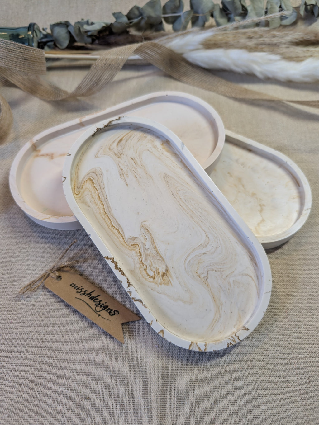Oval trinket tray in natural beige marbled jesmonite eco resin gift home decor 