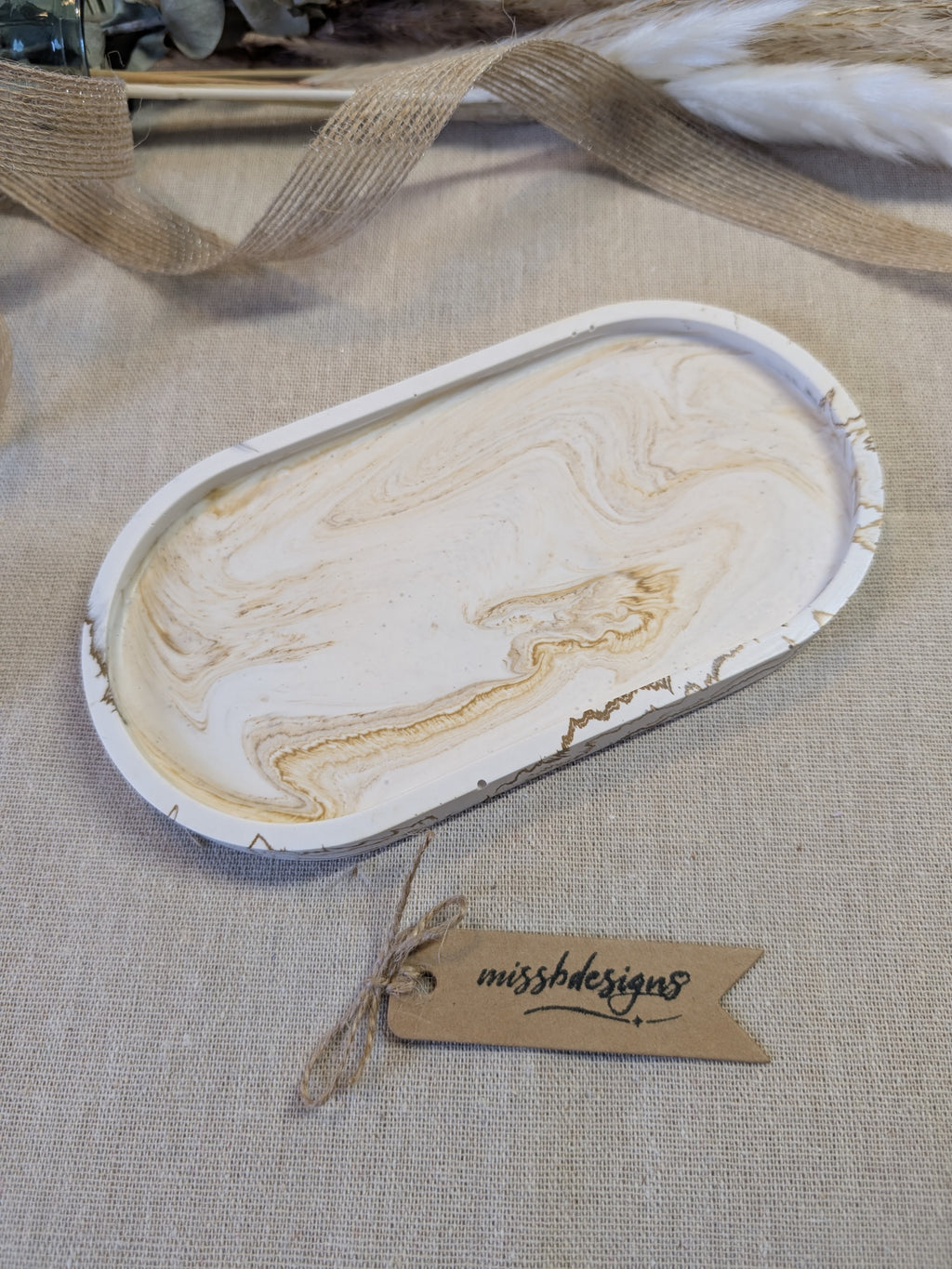 Oval trinket tray in natural beige marbled jesmonite eco resin gift home decor 