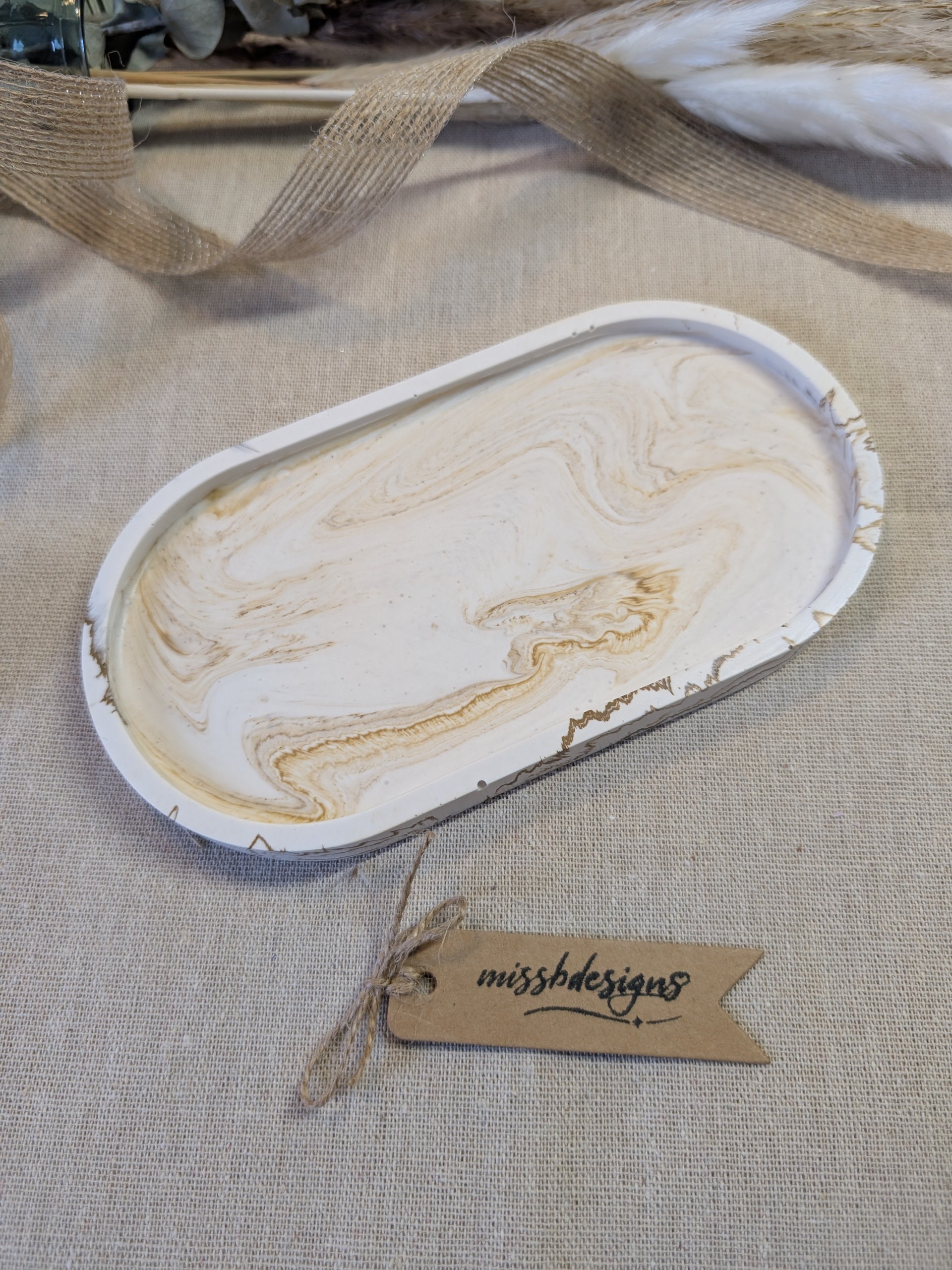 Oval trinket tray in natural beige marbled jesmonite eco resin gift home decor 