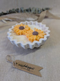 Yellow sunflower sunshine Daisy scented candle made from jesmonite eco resin filled with scented soy wax hand cast stone pot natural beige marble two daisies home decor gift
