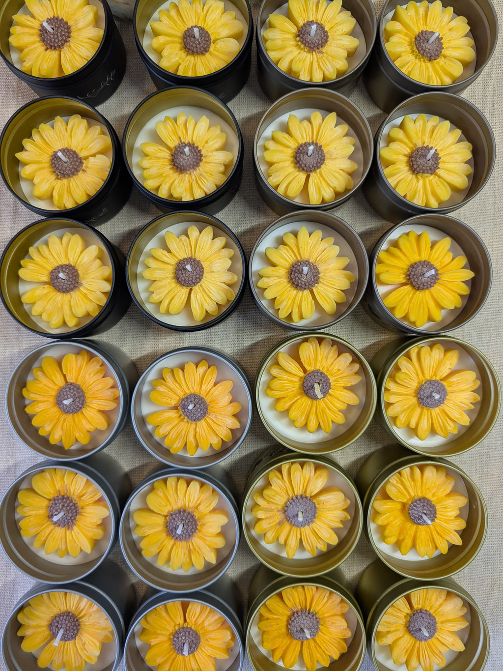 Sunflower sunshine daisy yellow scented candle in tin, lime basil and mandarin scent decorated tin gift for mothers day home decor