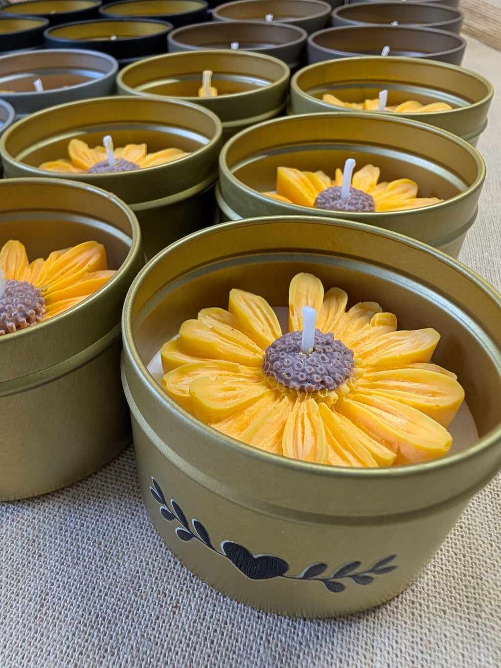 Sunflower sunshine daisy yellow scented candle in tin, lime basil and mandarin scent decorated tin gift for mothers day home decor