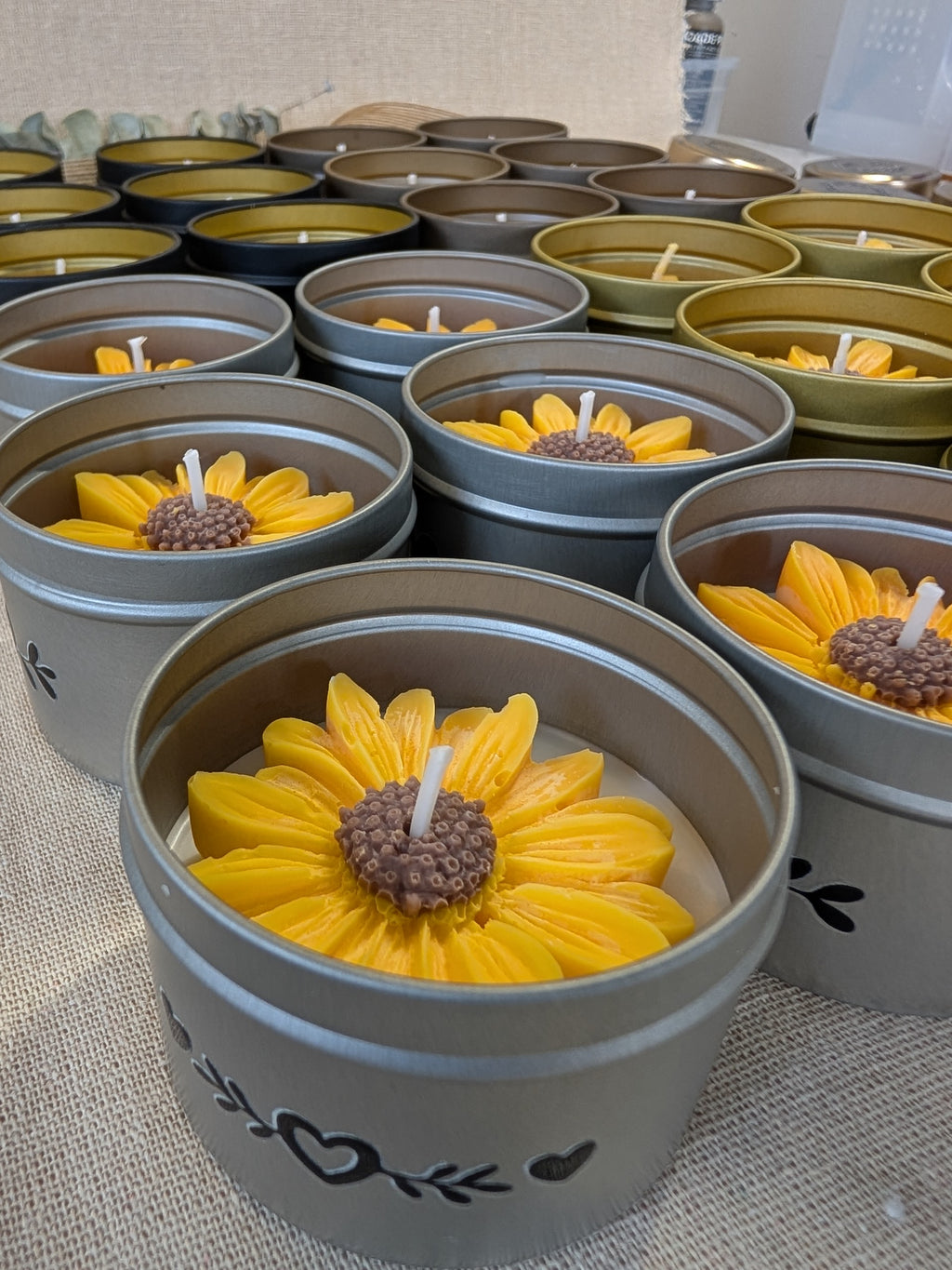 Sunflower sunshine daisy yellow scented candle in tin, lime basil and mandarin scent decorated tin gift for mothers day home decor