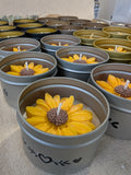 Sunflower sunshine daisy yellow scented candle in tin, lime basil and mandarin scent decorated tin gift for mothers day home decor