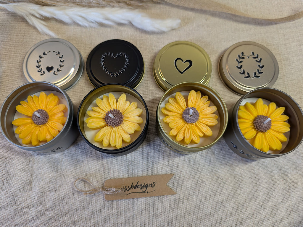 Sunflower sunshine daisy yellow scented candle in tin, lime basil and mandarin scent decorated tin gift for mothers day home decor