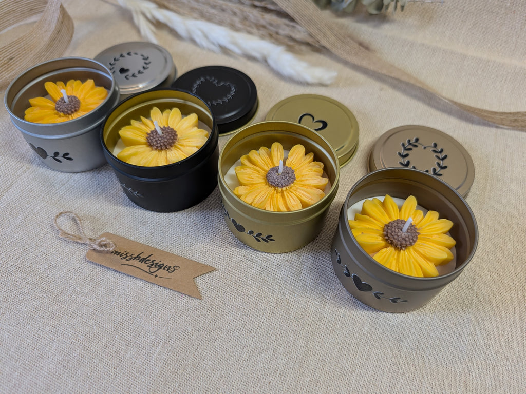 Sunflower sunshine daisy yellow scented candle in tin, lime basil and mandarin scent decorated tin gift for mothers day home decor