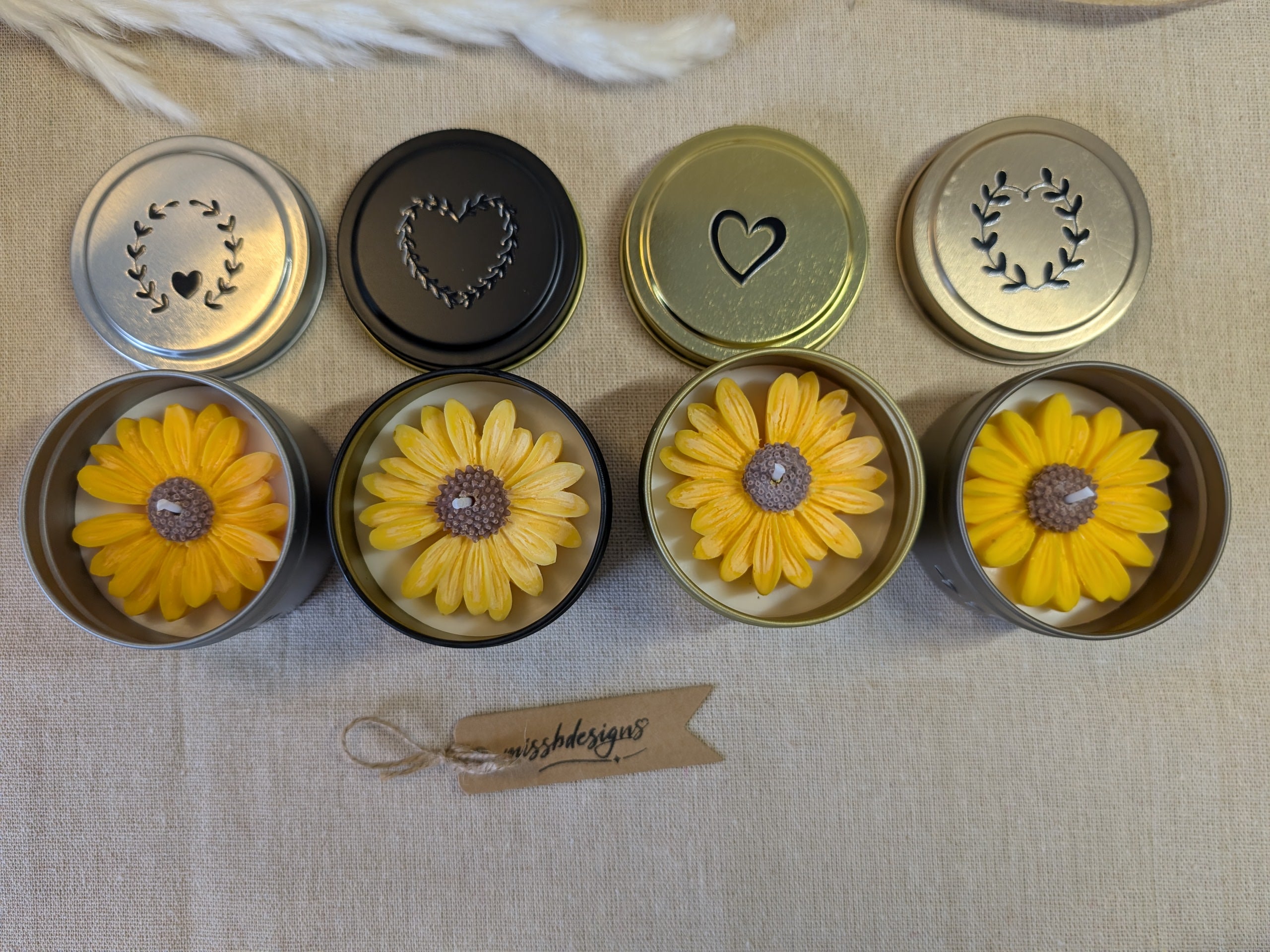 Sunflower sunshine daisy yellow scented candle in tin, lime basil and mandarin scent decorated tin gift for mothers day home decor