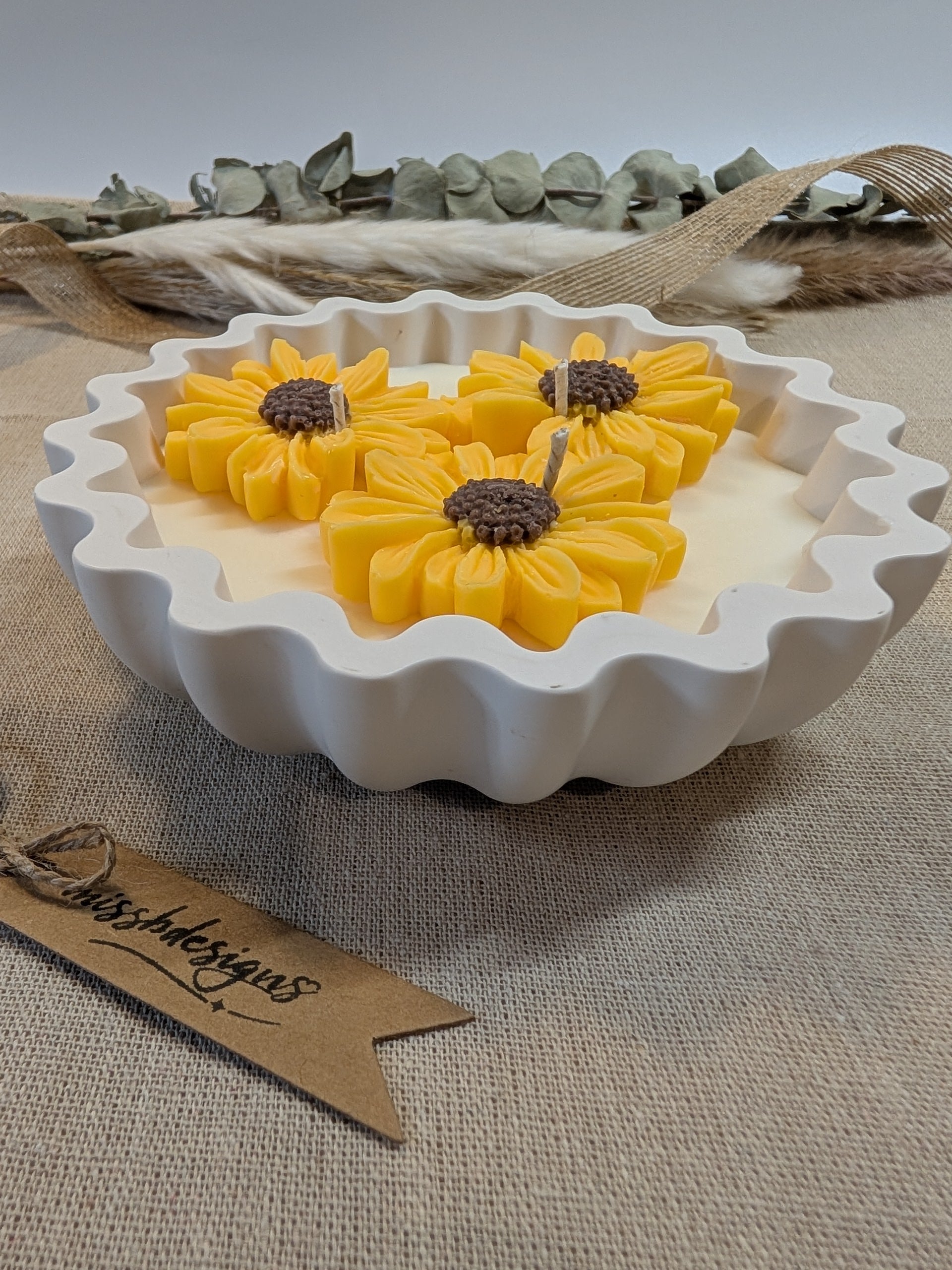 Yellow sunflower sunshine Daisy scented candle made from jesmonite eco resin filled with scented soy wax hand cast neutral natural stone pot  three daisies home decor gift