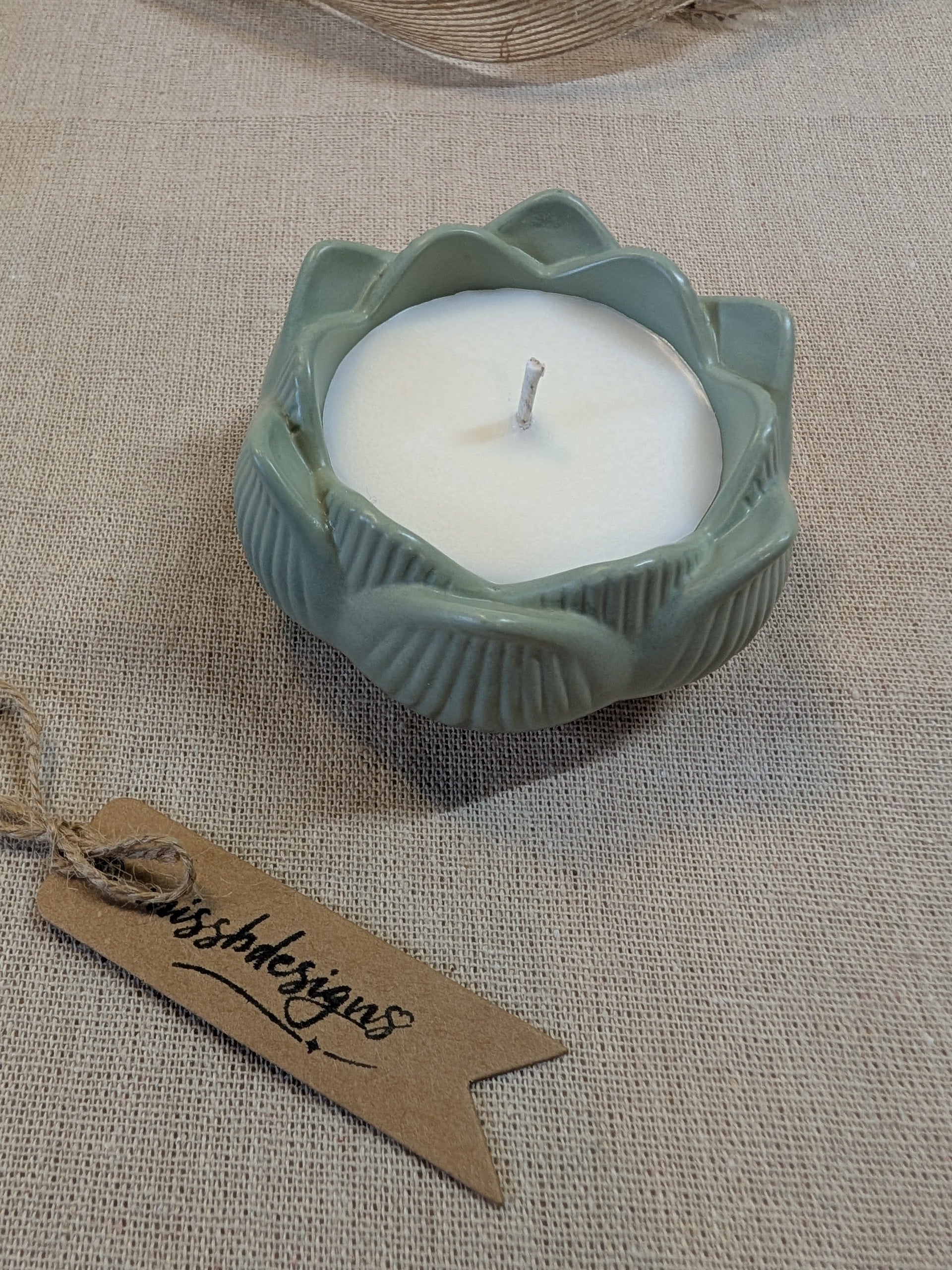 Lotus scented candle made from eco resin  home decor gift sage green handcrafted