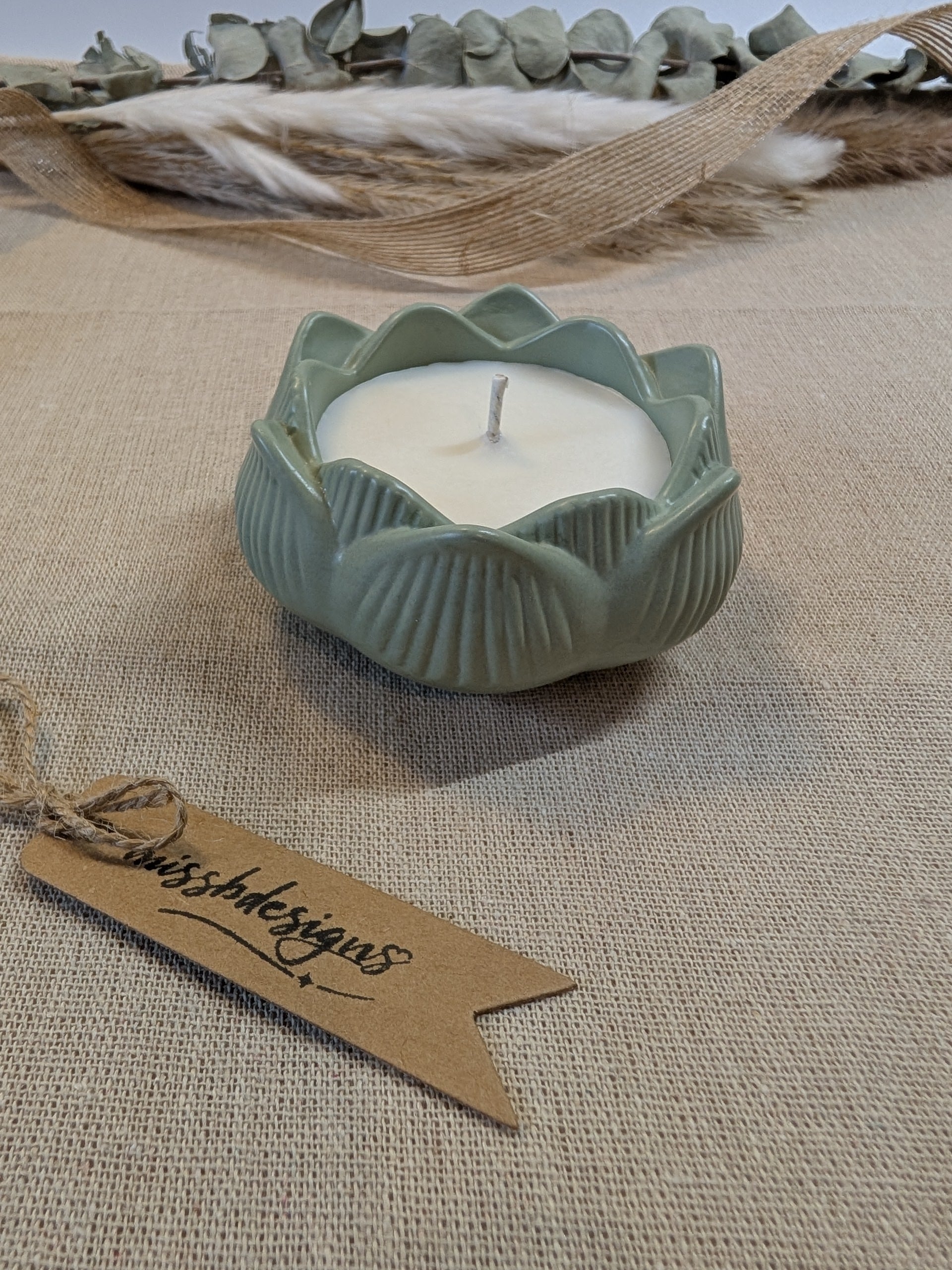 Lotus scented candle made from eco resin  home decor gift sage green handcrafted