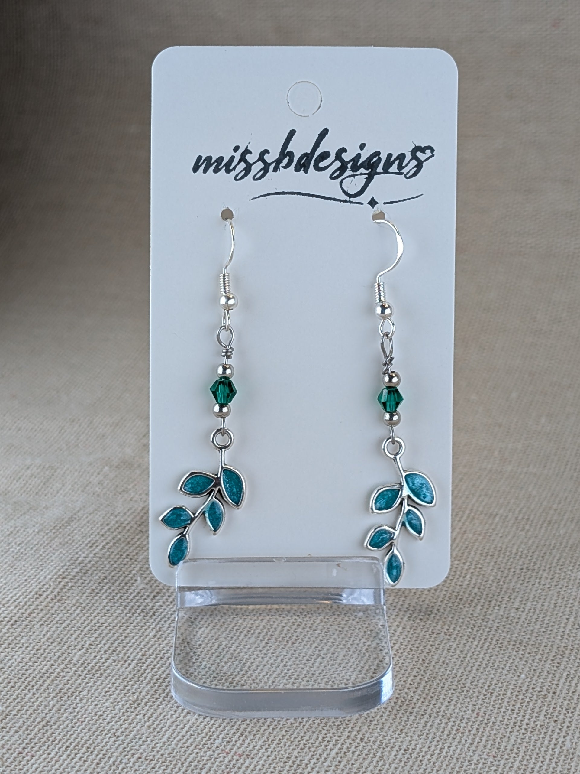 Silver plated emerald green resin hand crafted leaf drop earrings