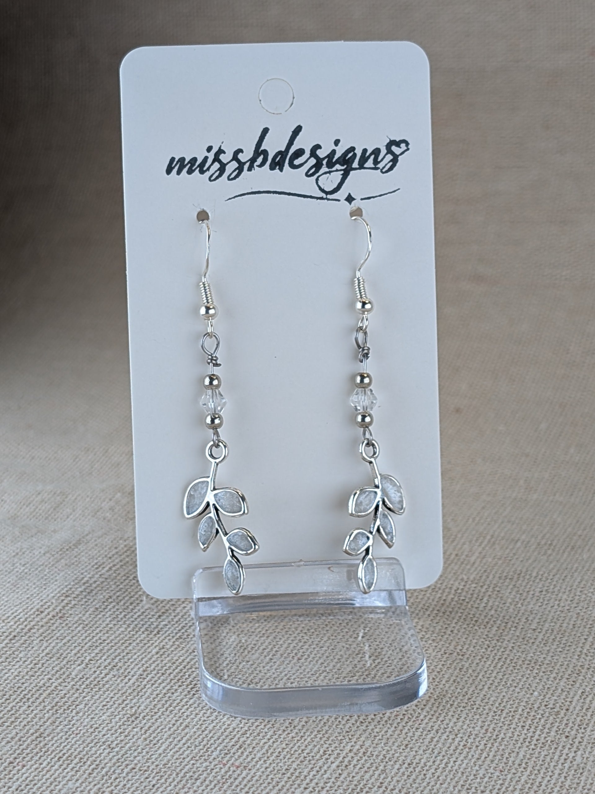 Silver plated opal pearl white resin hand crafted leaf drop earrings