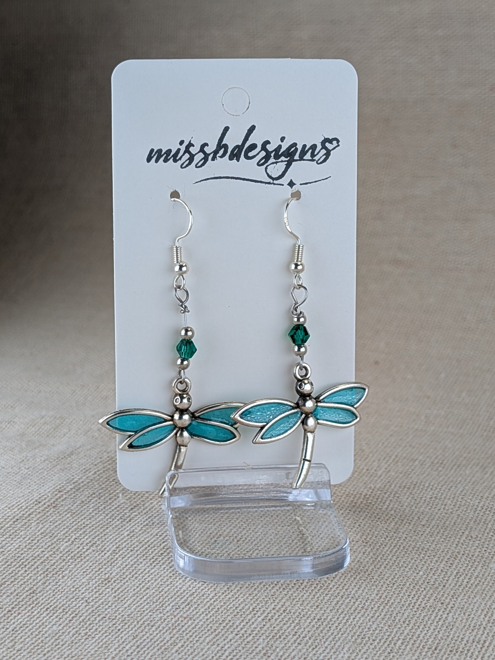 Dragonfly silver 925 drop earring with emerald green resin handcrafted gift