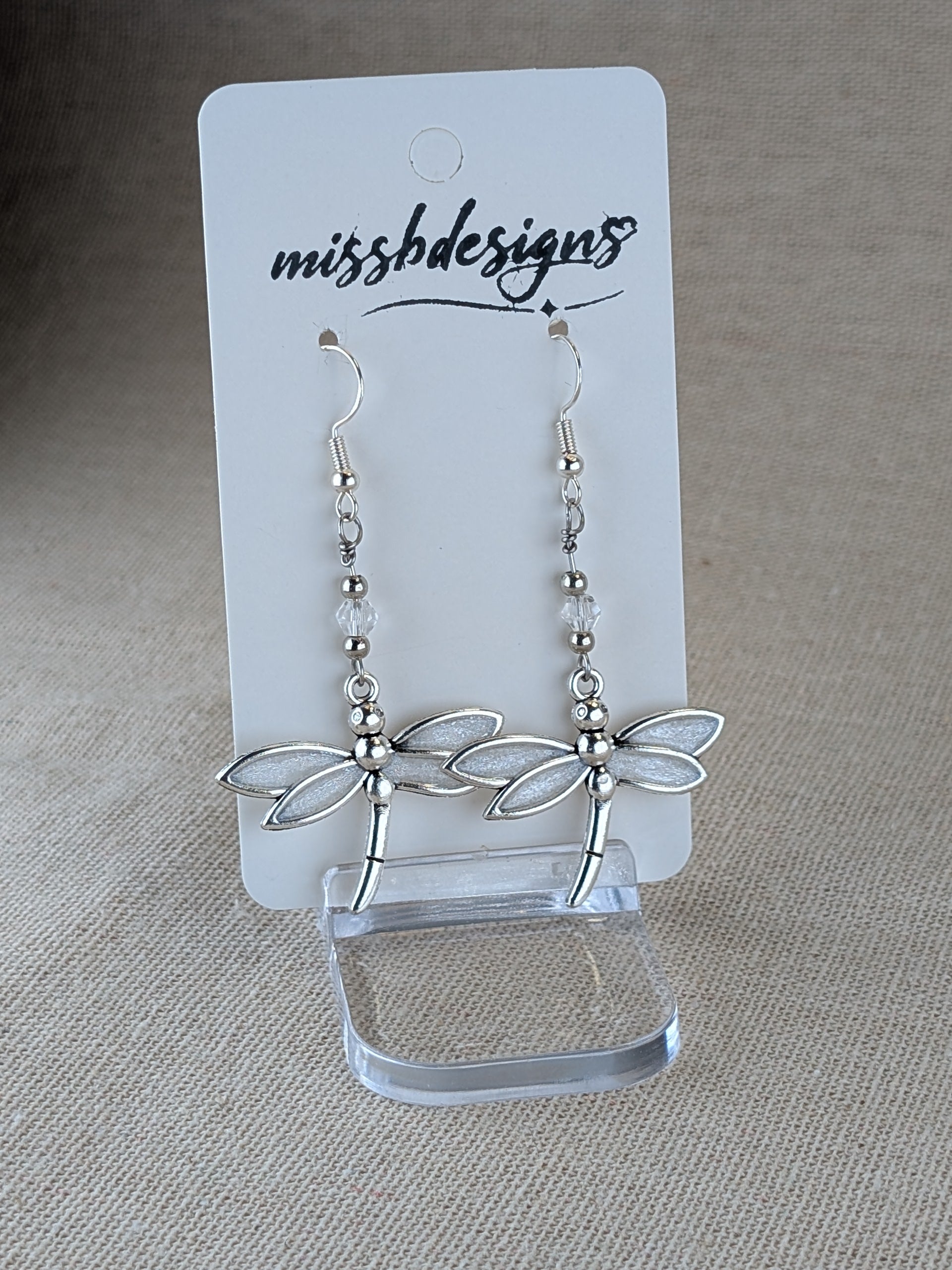 Dragonfly silver 925 drop earring with opal pearl white resin handcrafted gift