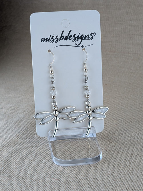 Dragonfly silver 925 drop earring with opal pearl white resin handcrafted gift