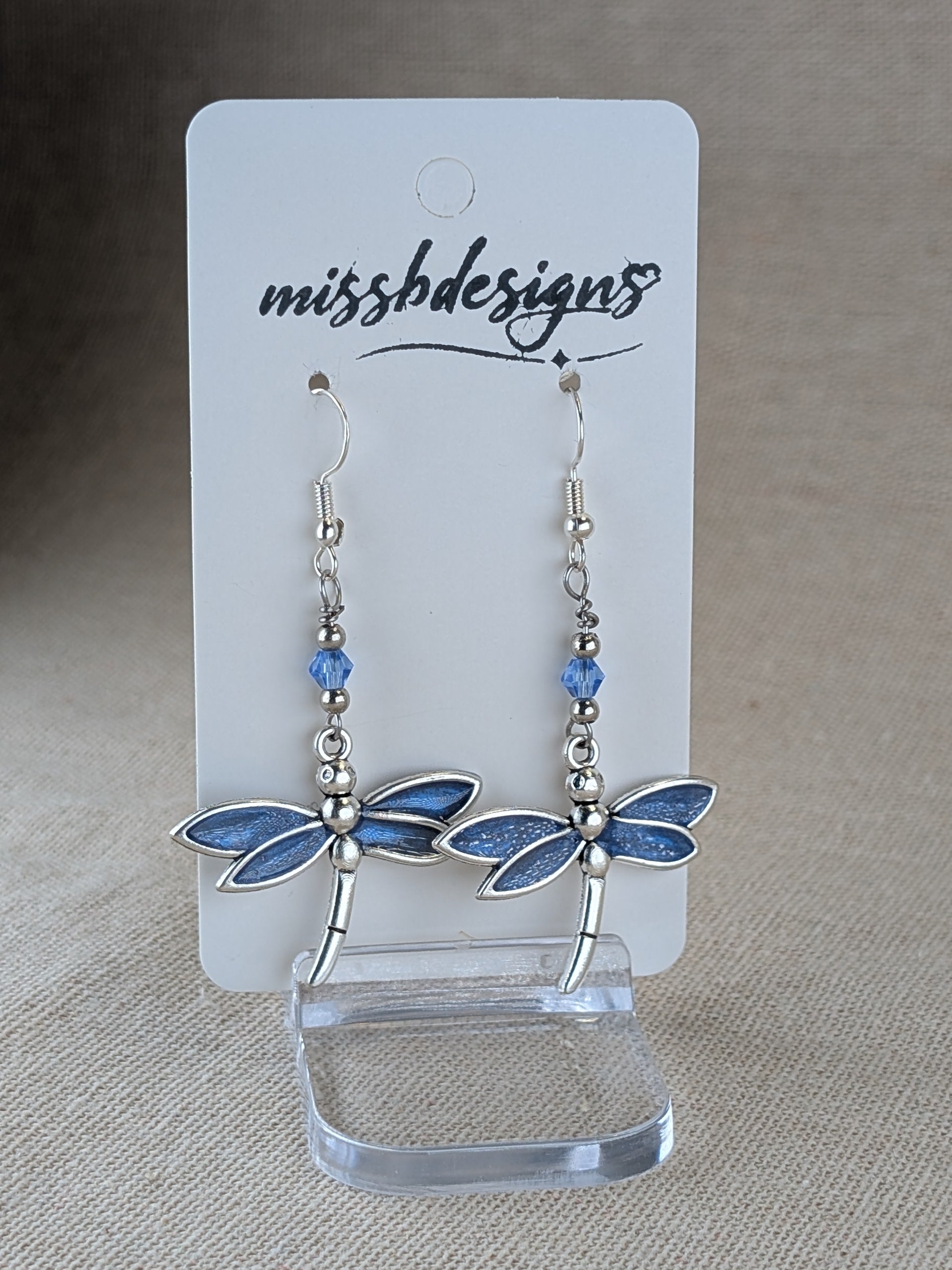 Dragonfly silver 925 drop earring with sapphire blue  resin handcrafted gift