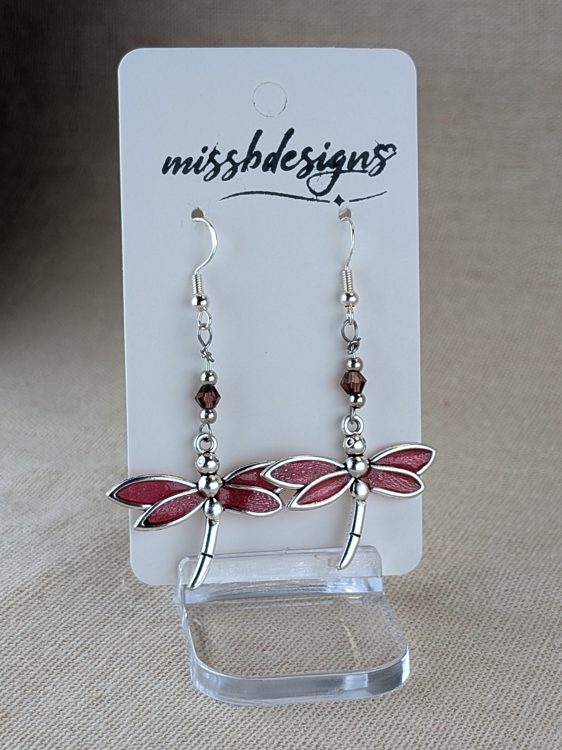 Dragonfly silver 925 drop earring with claret Burgundy red resin handcrafted gift