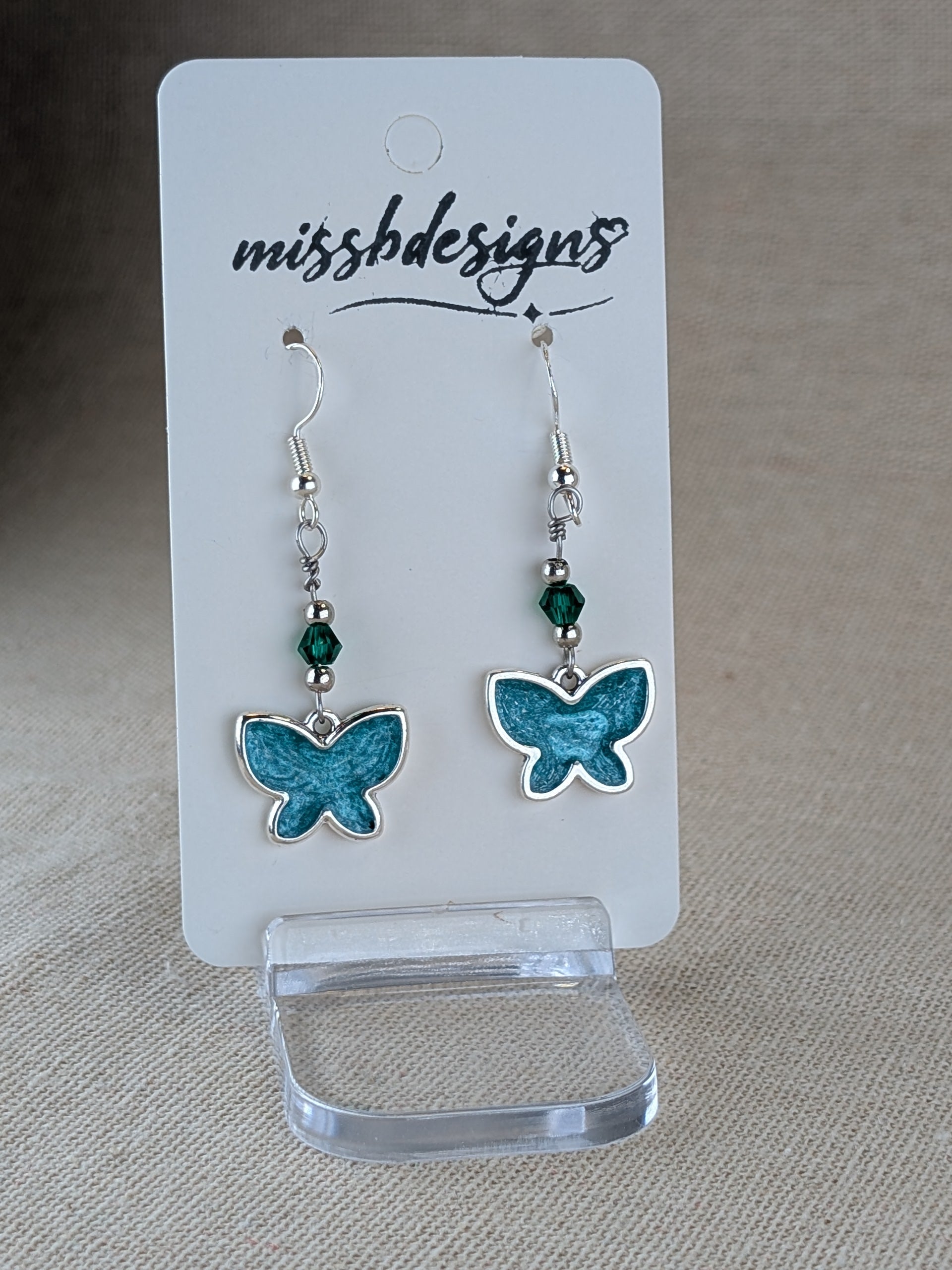 Butterfly silver 925 drop earring with emerald green resin handcrafted gift