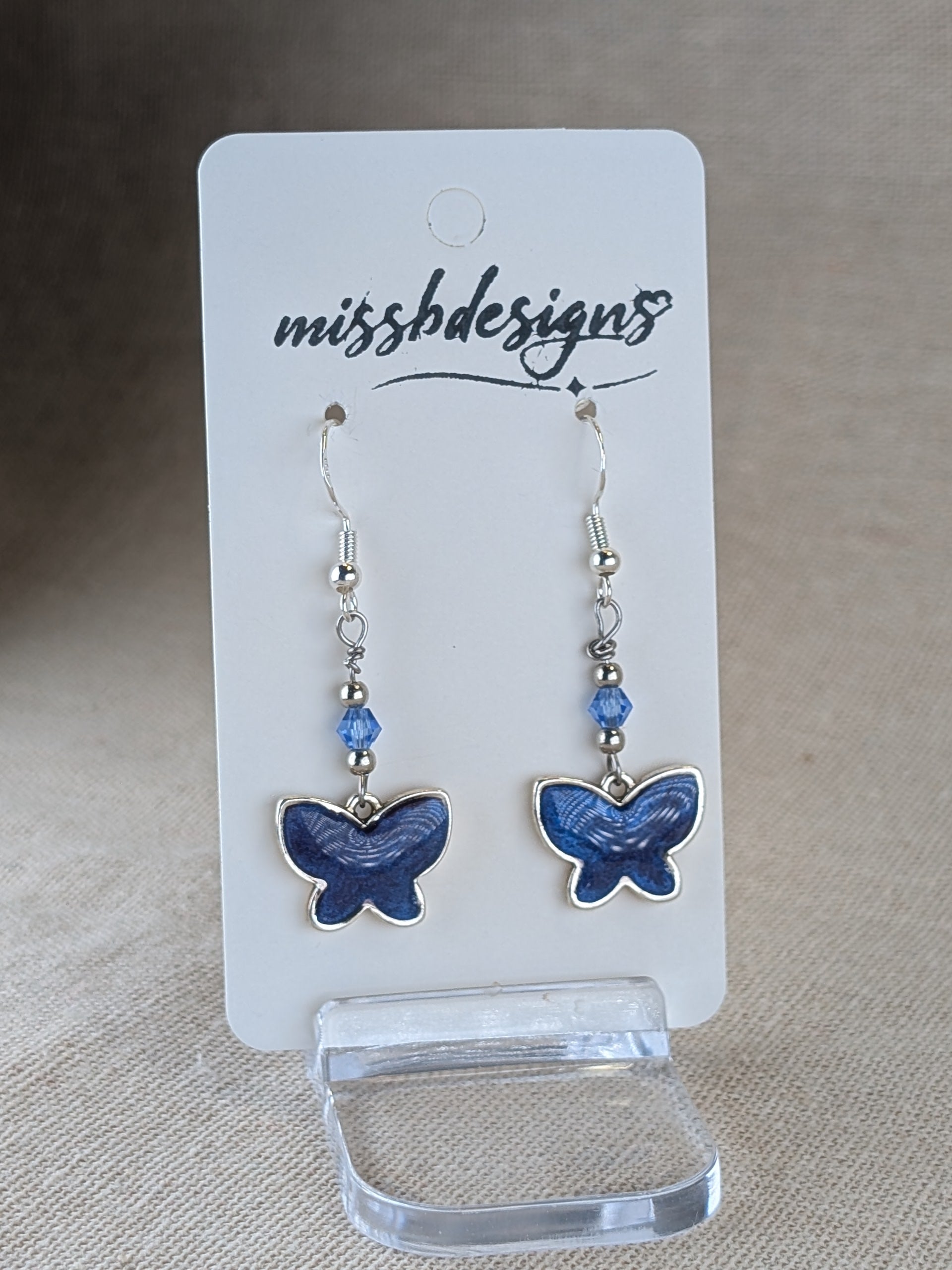 Butterfly silver 925 drop earring with sapphire blue resin handcrafted gift