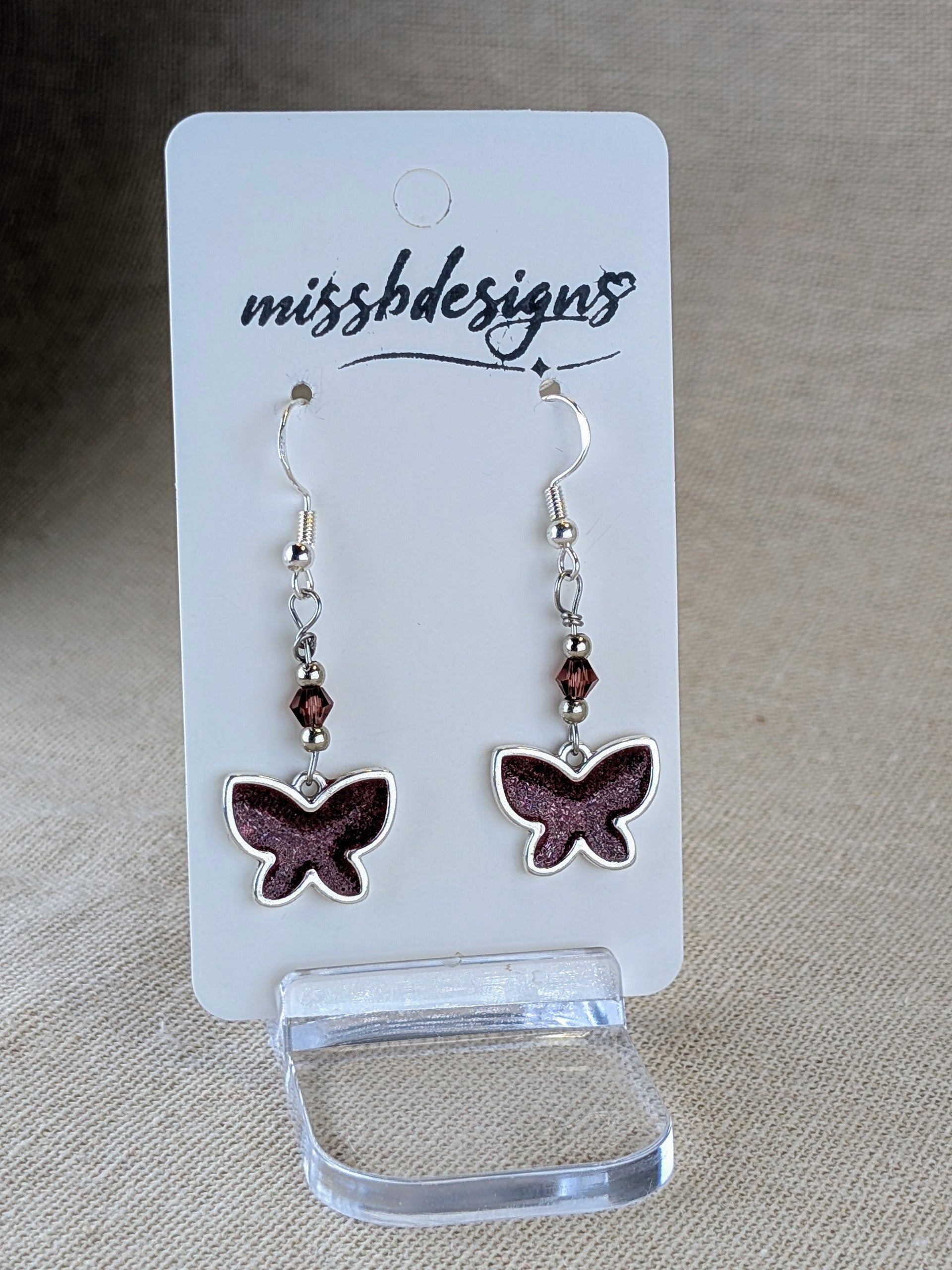 Butterfly silver 925 drop earring with claret burgundy red resin handcrafted gift