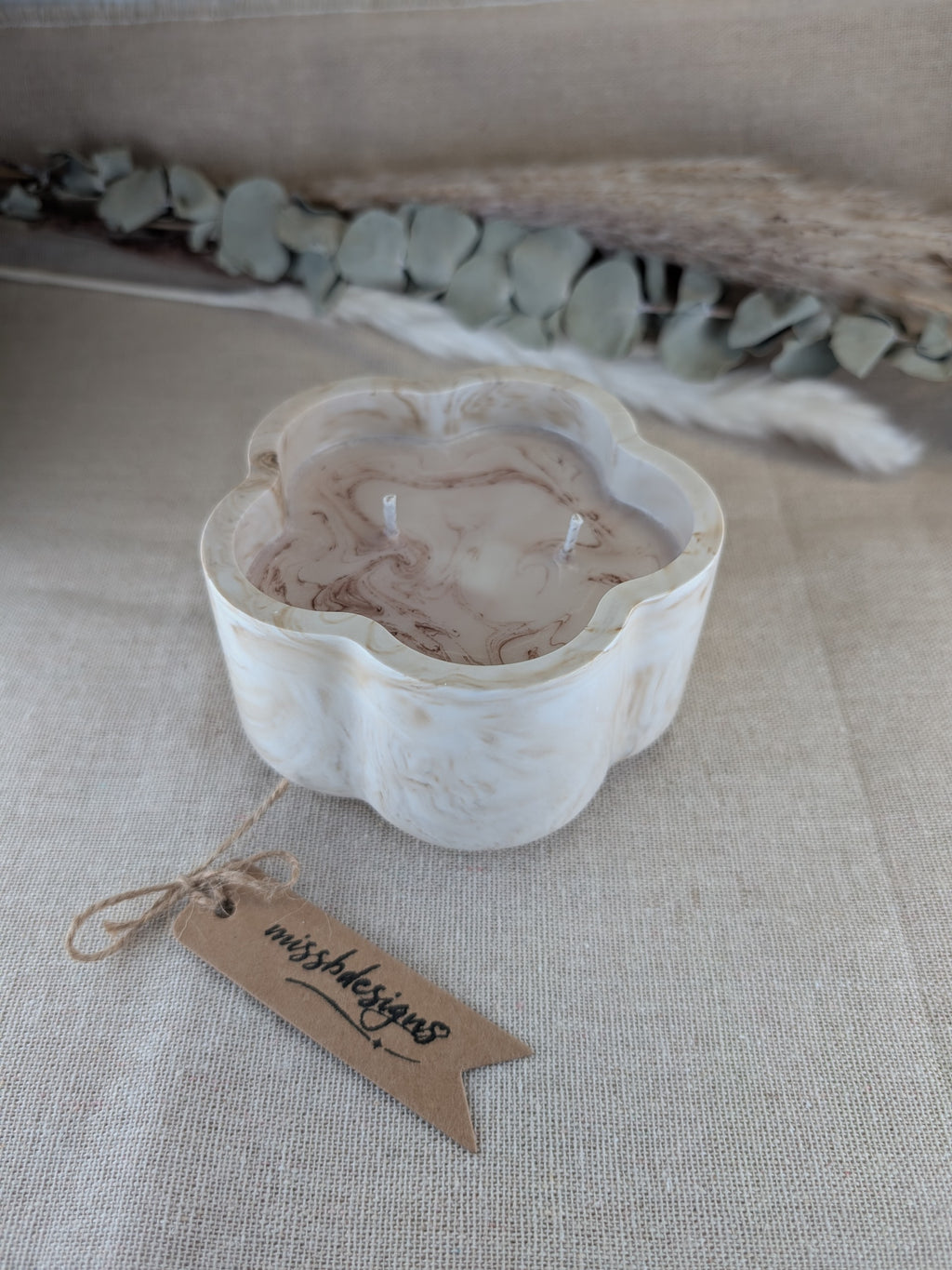 Scented candle in beige marble hand crafted eco resin flower shaped container perfect gift