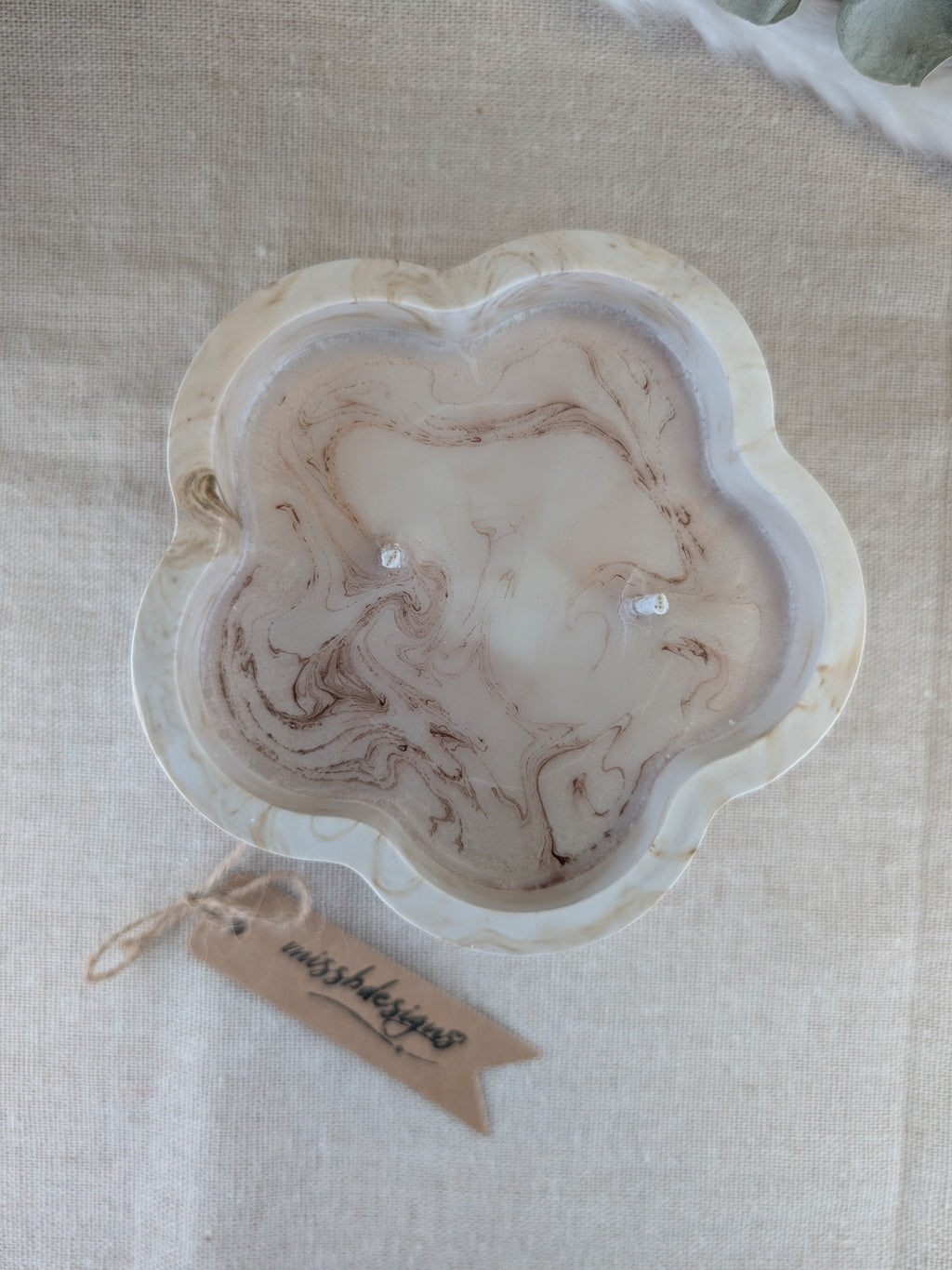 Scented candle in beige marble hand crafted eco resin flower shaped container perfect gift