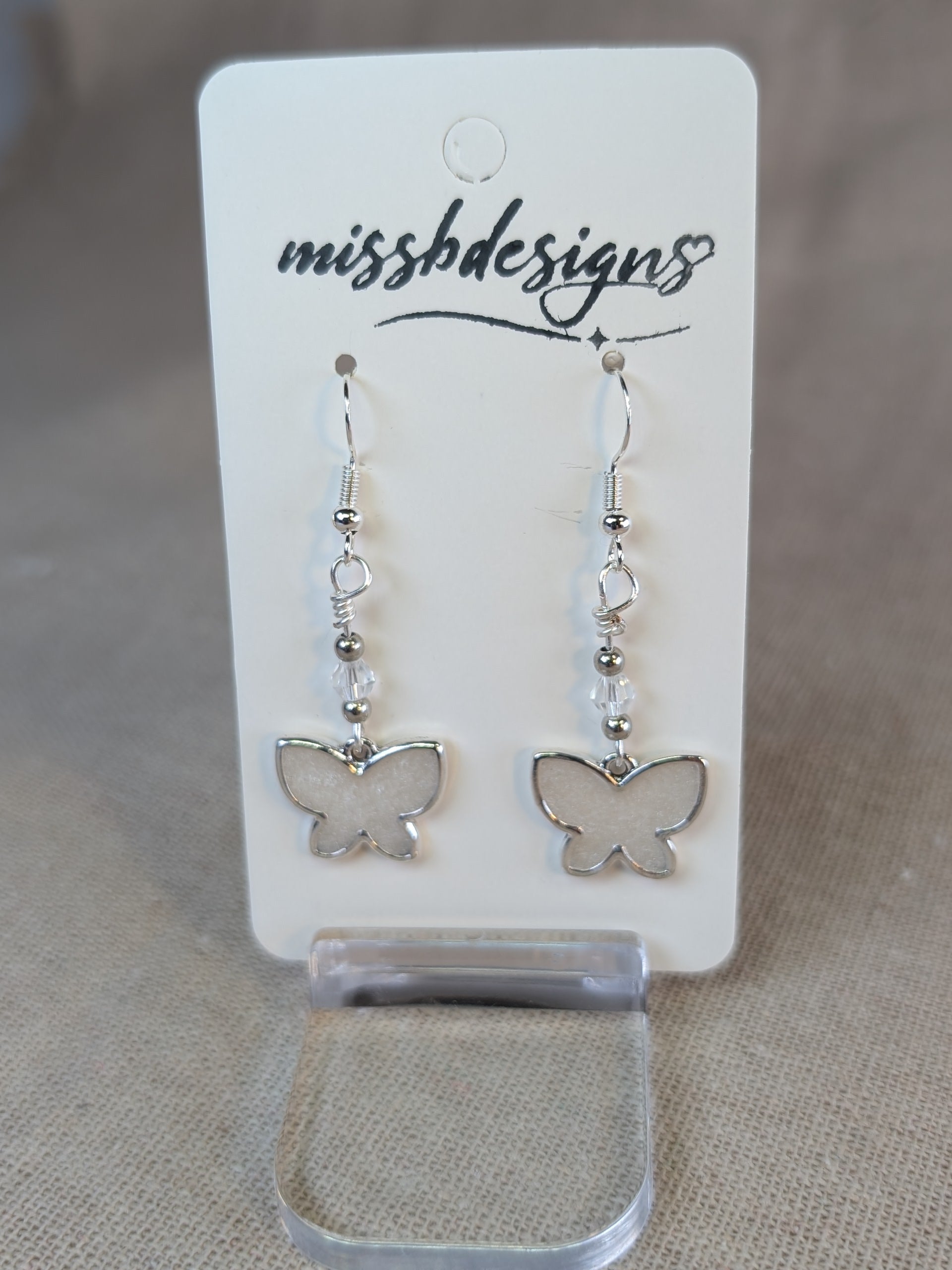 Butterfly silver 925 drop earring with opal pearl white resin handcrafted gift