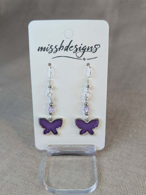 Butterfly silver 925 drop earring with purple lilac resin handcrafted gift