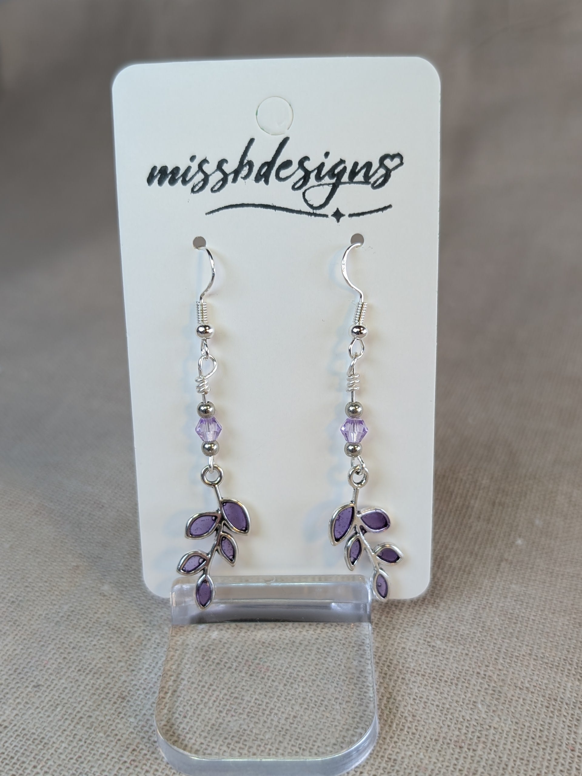 Silver plated purple jewel  resin hand crafted leaf drop earrings