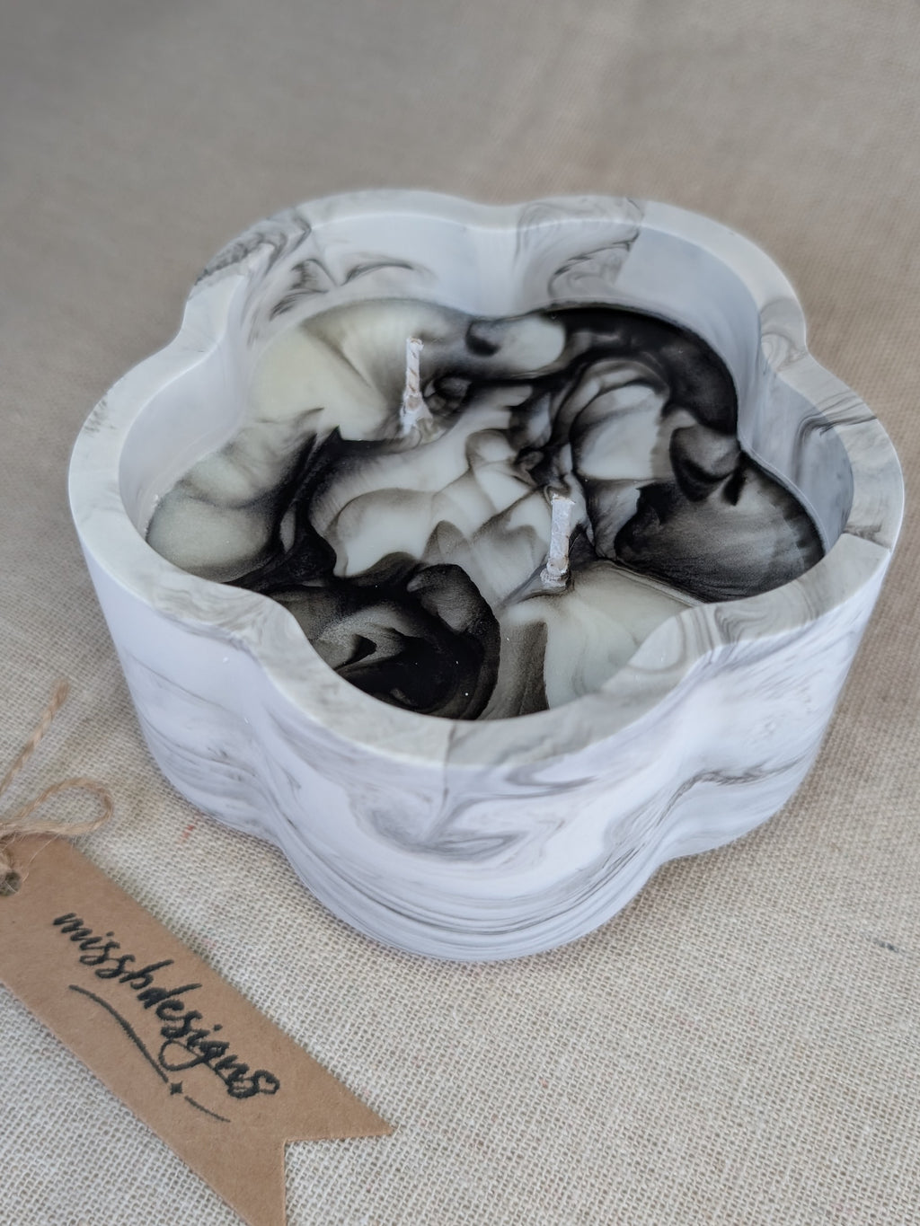 Scented candle in black marble hand crafted eco resin flower shaped container perfect gift