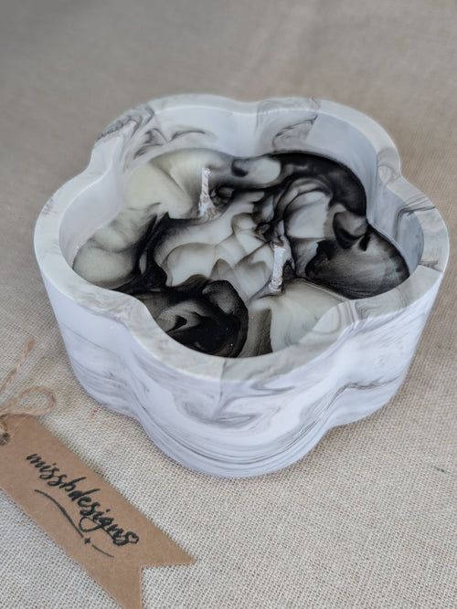 Scented candle in black marble hand crafted eco resin flower shaped container perfect gift