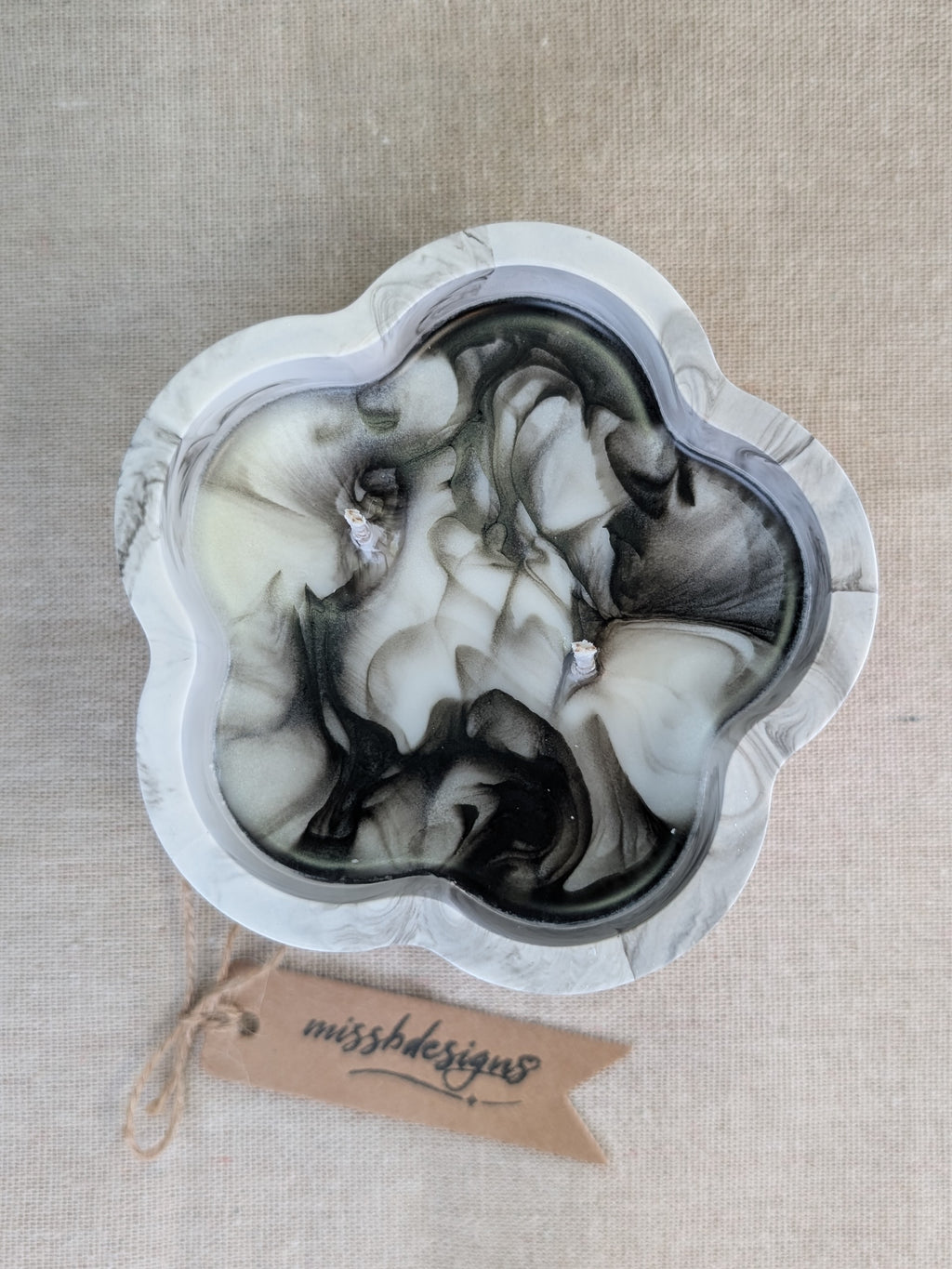 Scented candle in black marble hand crafted eco resin flower shaped container perfect gift
