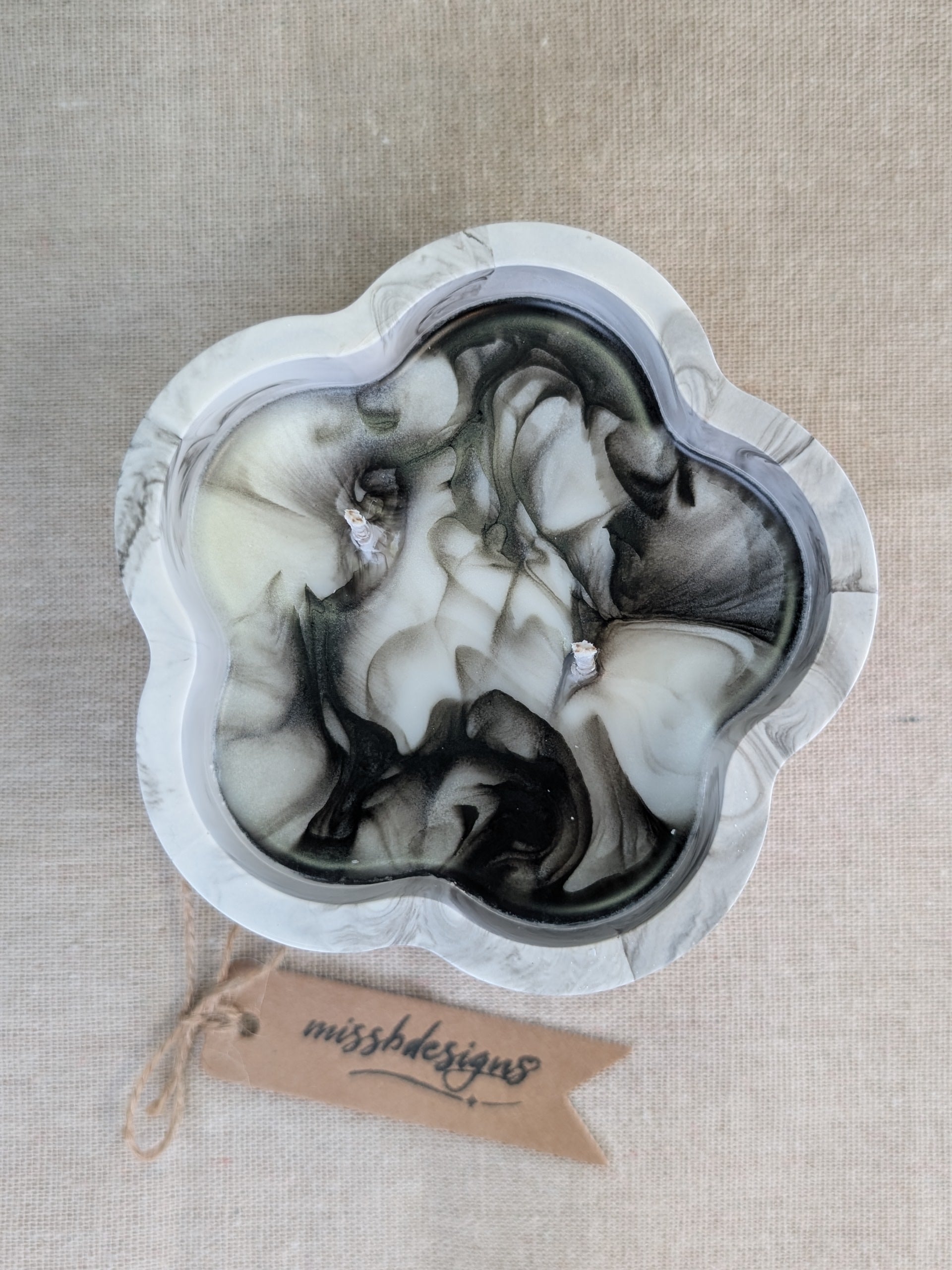 Scented candle in black marble hand crafted eco resin flower shaped container perfect gift